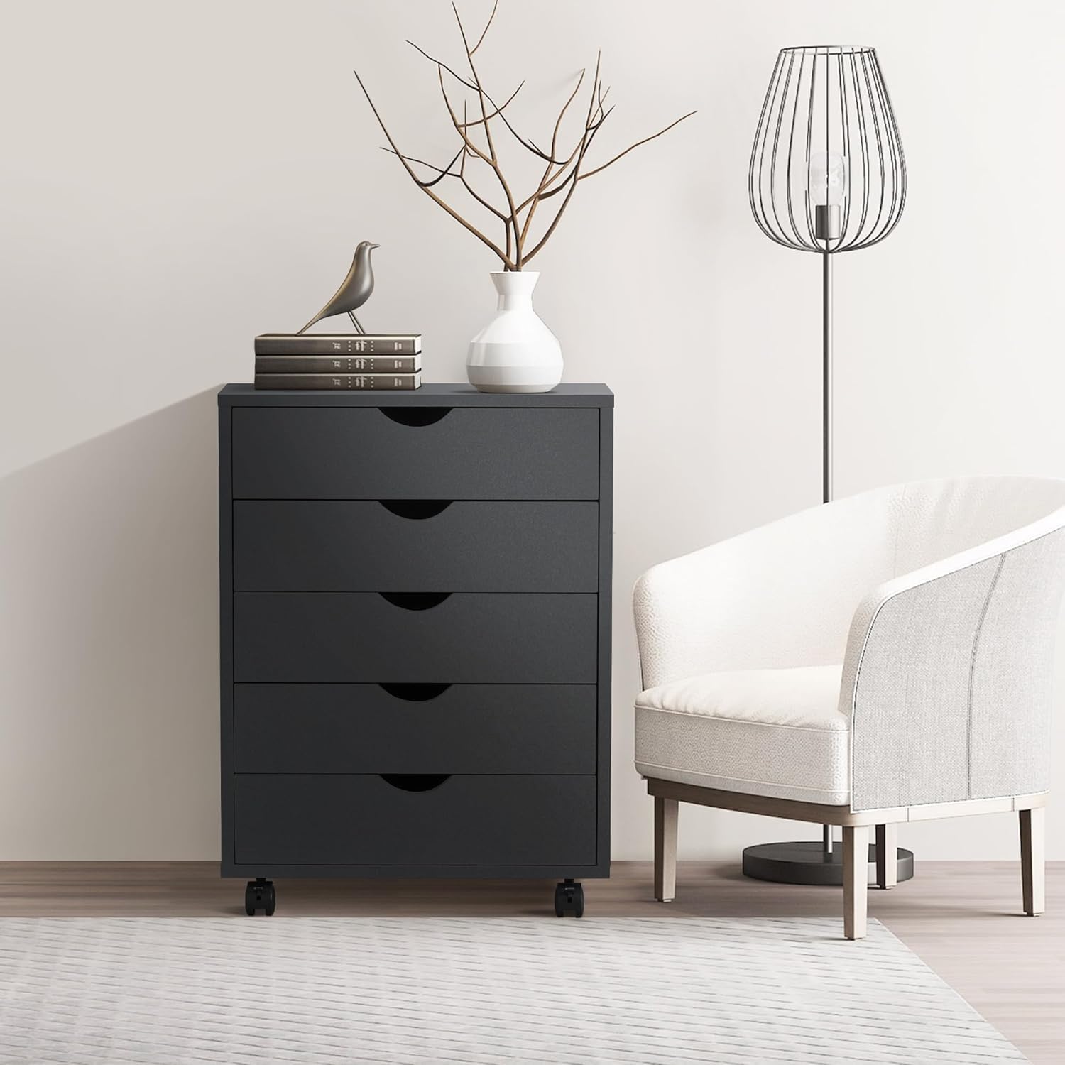 5-Drawer Wooden Storage Cabinet with Wheels - Mobile Dresser Organizer for Office, Bedroom & Home - Black File Cabinet for Documents, Clothes & Home Organization