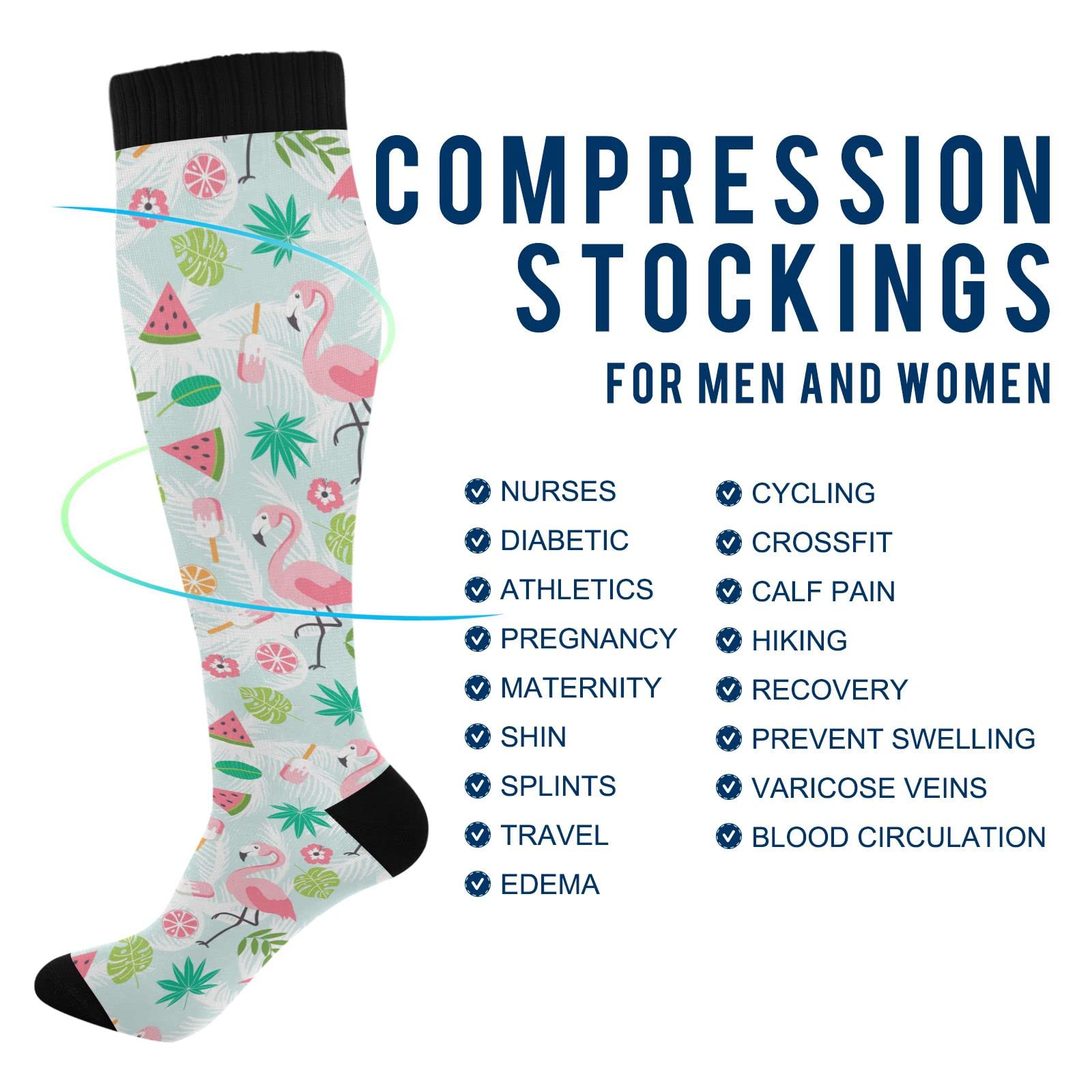 JUNZAN Floral Print Black Compression Socks for Women & Men - Medical Grade Circulation Support Socks for Running, Cycling, Nursing & Travel - Athletic Performance & Recovery Legwear for Sports & Work