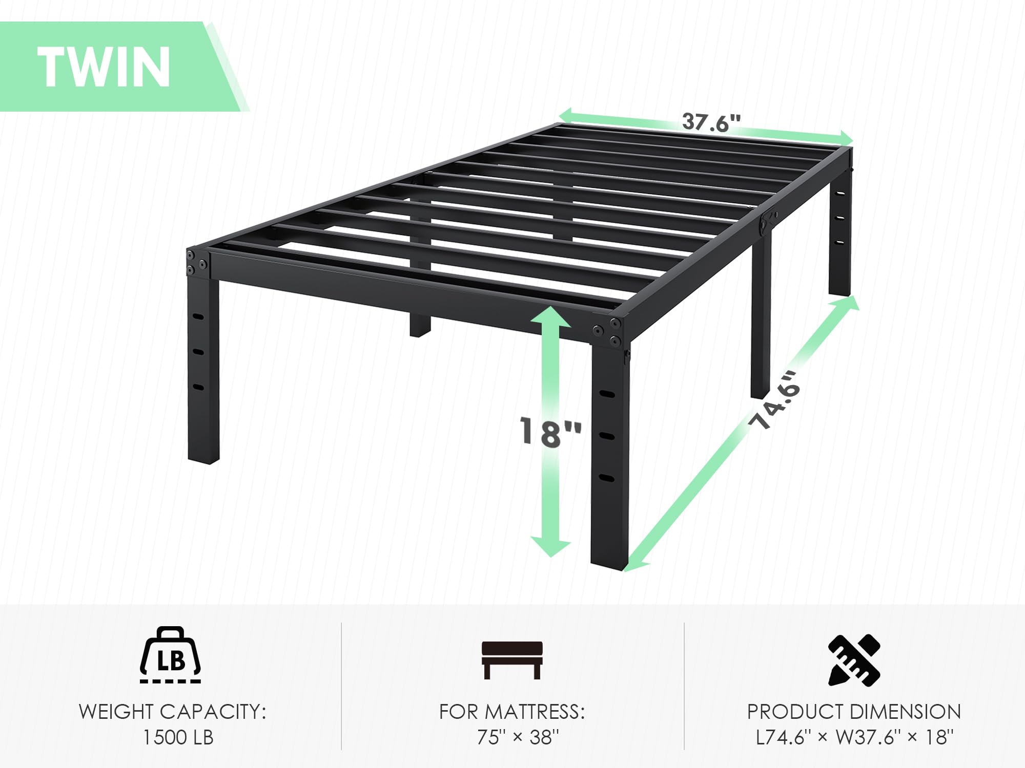 Sturdy 18 Inch Twin Bed Frame - Heavy Duty Metal Platform Bed with No Box Spring Needed | Quick & Easy Assembly | Silent & Noise-Free | Black | Perfect for Kids Rooms, Guest Bedrooms & Small Spaces