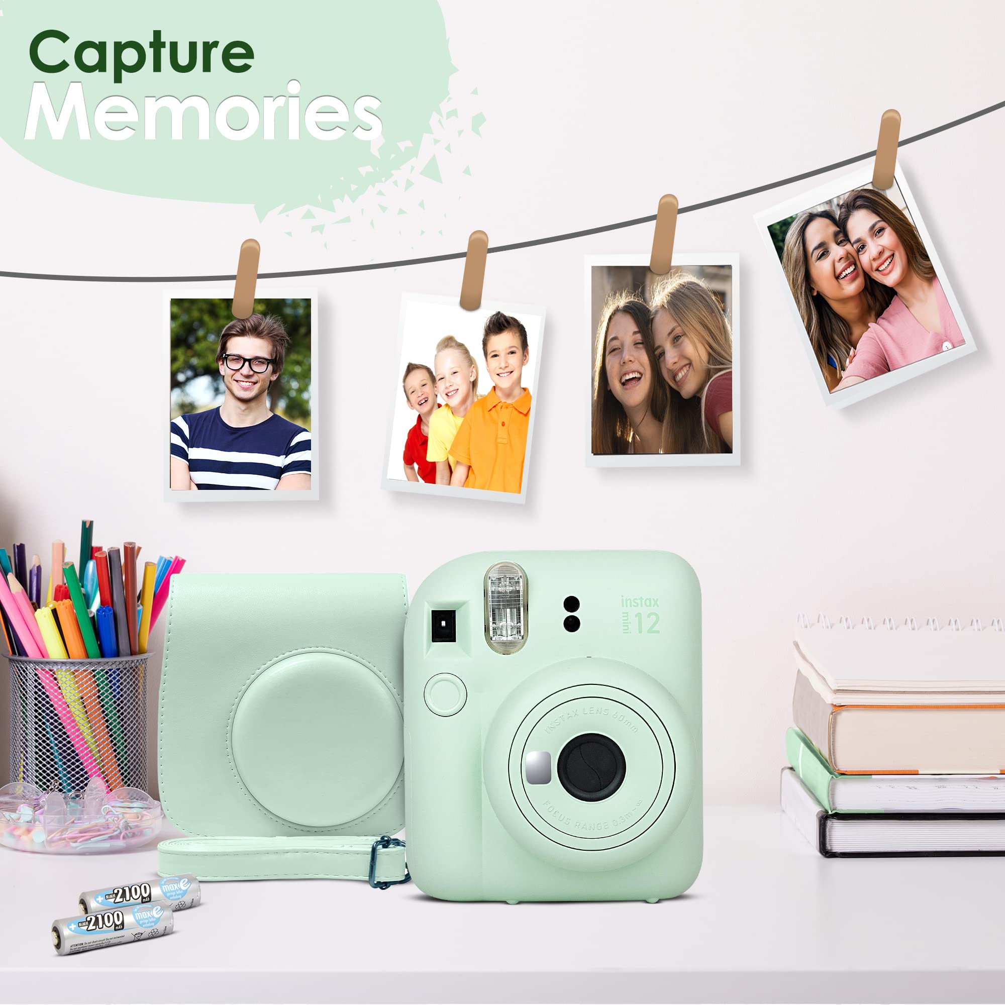Fujifilm Instax Mini 12 Instant Camera Bundle with 60 Sheets Mini Film, Carrying Case, Photo Album & Stickers - Mint Green | Perfect for Travel, Parties, Weddings & DIY Scrapbooking
