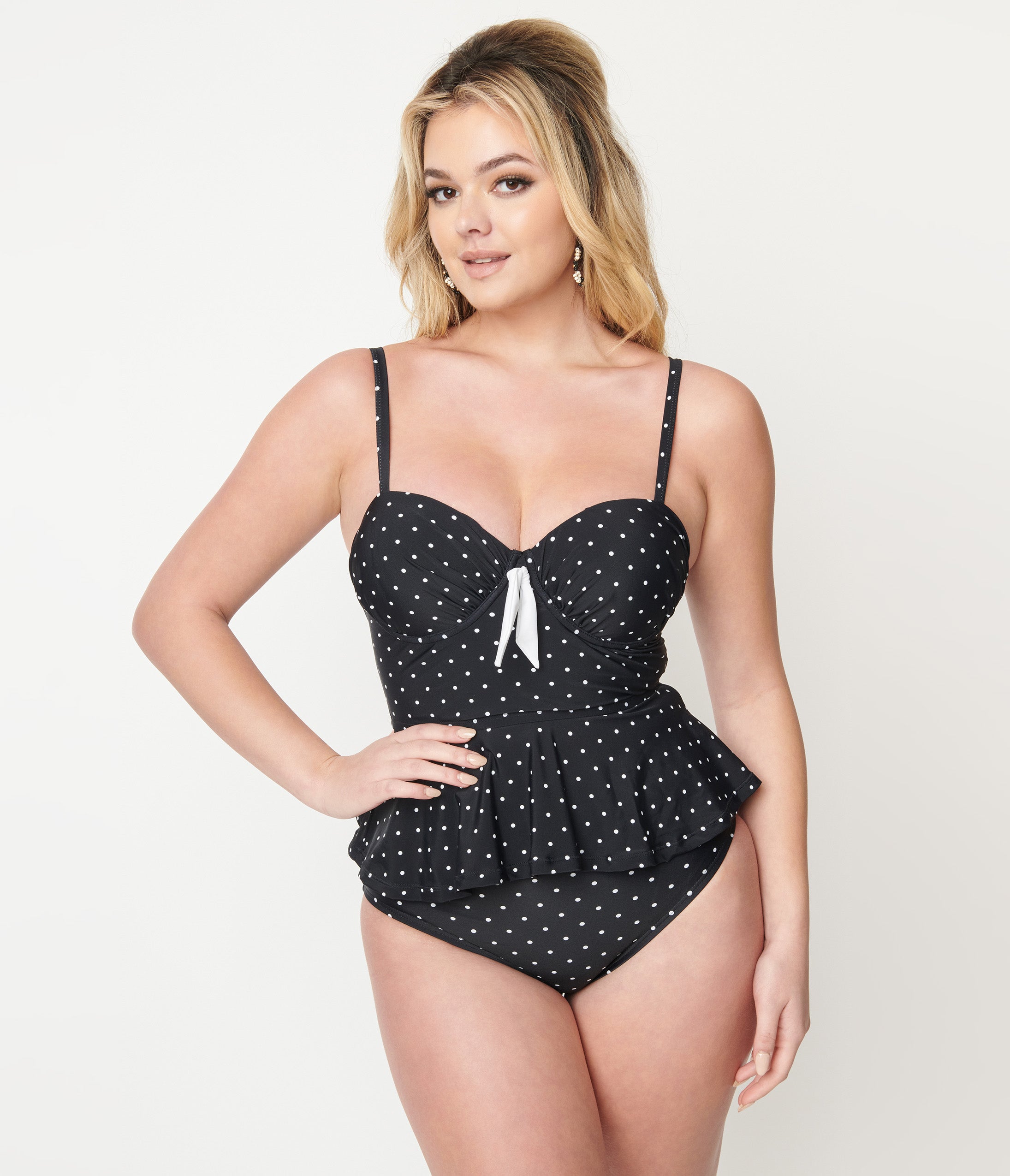 Vintage Black & White Polka Dot Peplum Tankini Swim Top for Women - Retro High Waist Bikini Top for Beach, Pool & Summer Vacation