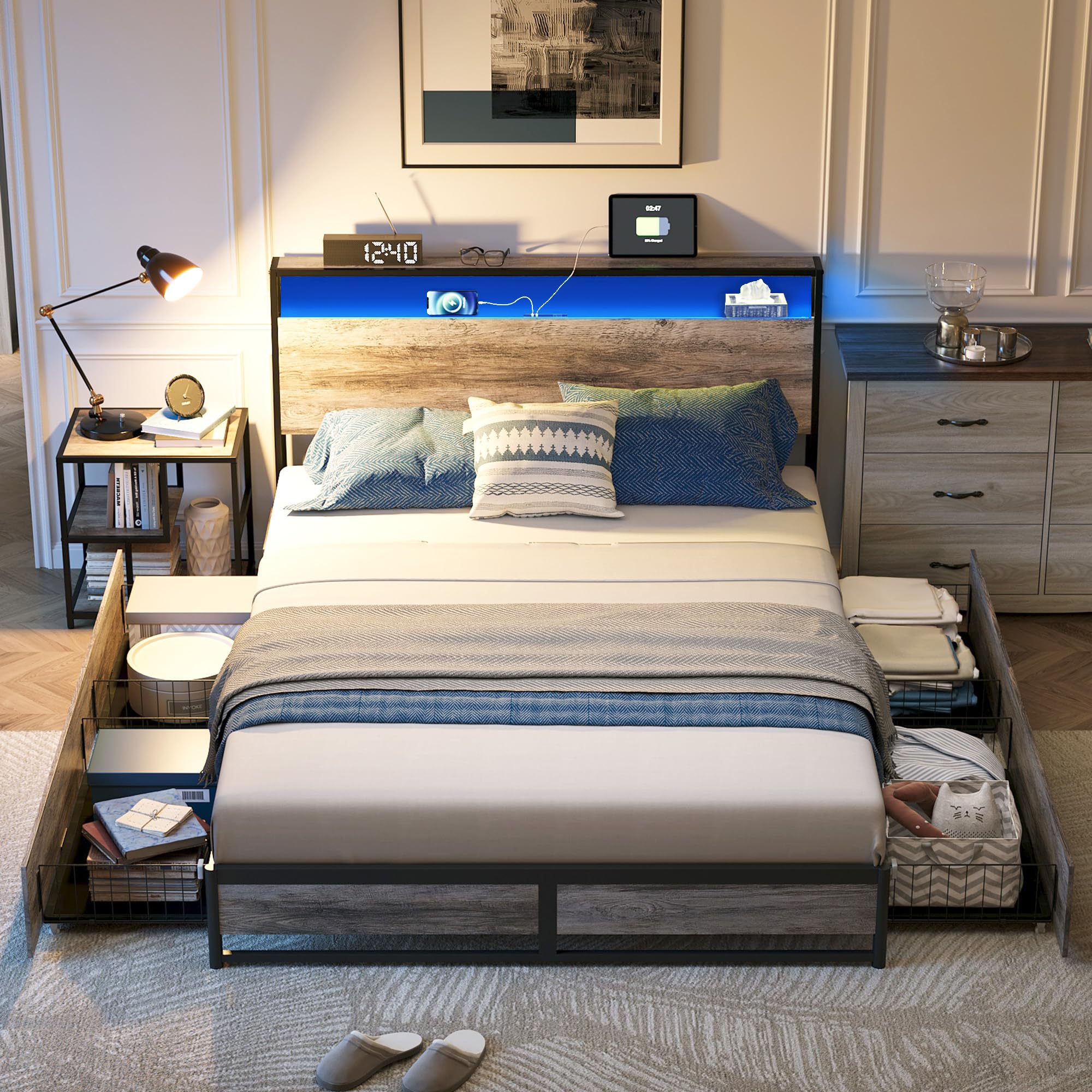 LINSY Queen Size Bed Frame with 4 Storage Drawers, RGB LED Lights & USB Fast Charger - Modern Platform Bed with Headboard, Easy Assembly, No Box Spring Needed (Greige) - Perfect for Small Bedrooms, Guest Rooms & Gaming Setups