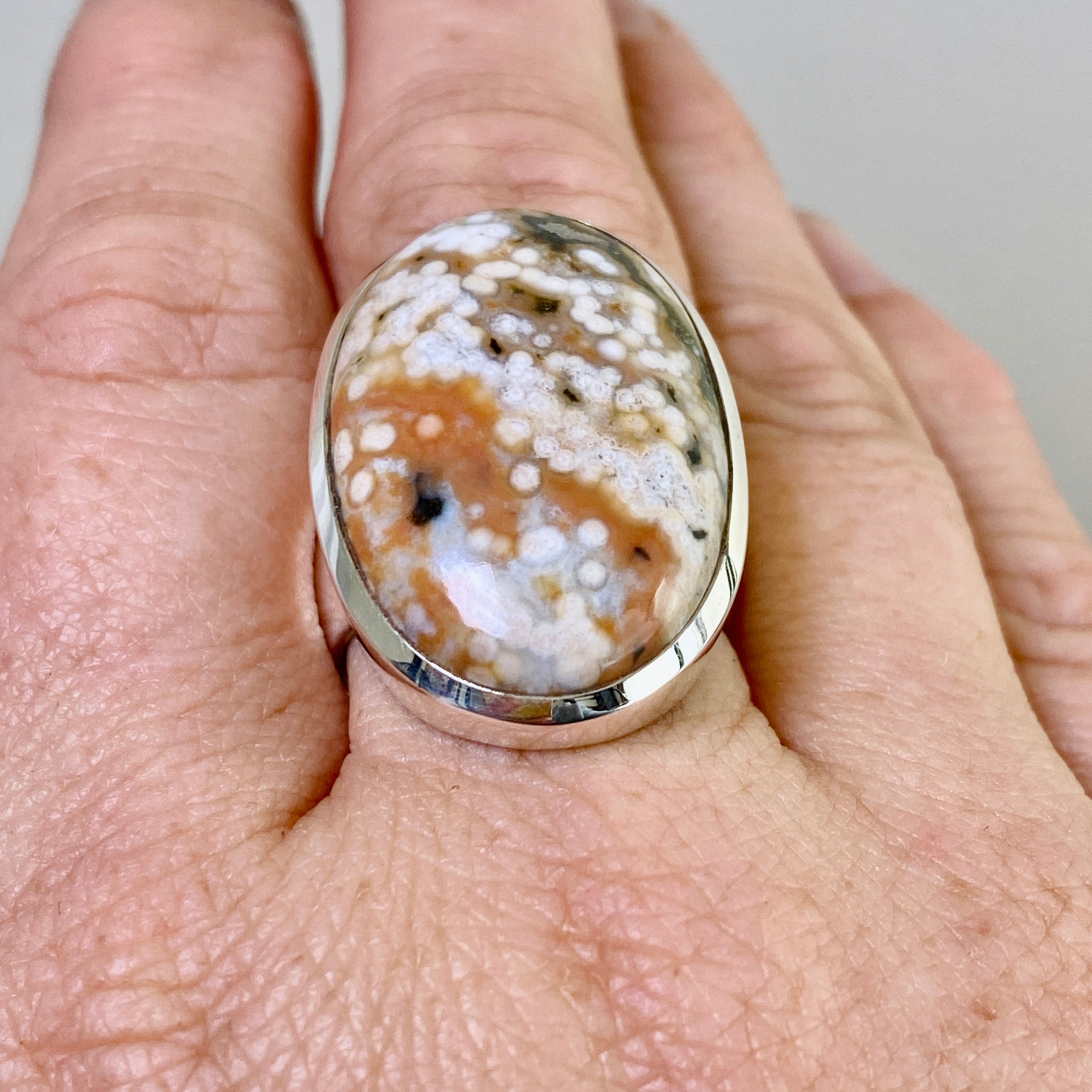 Ocean Jasper Oval Cabochon Ring - Size 8.5 - Natural Stone Jewelry - Handmade Silver Ring - Perfect for Boho Style & Spiritual Healing - Gift for Women & Crystal Lovers