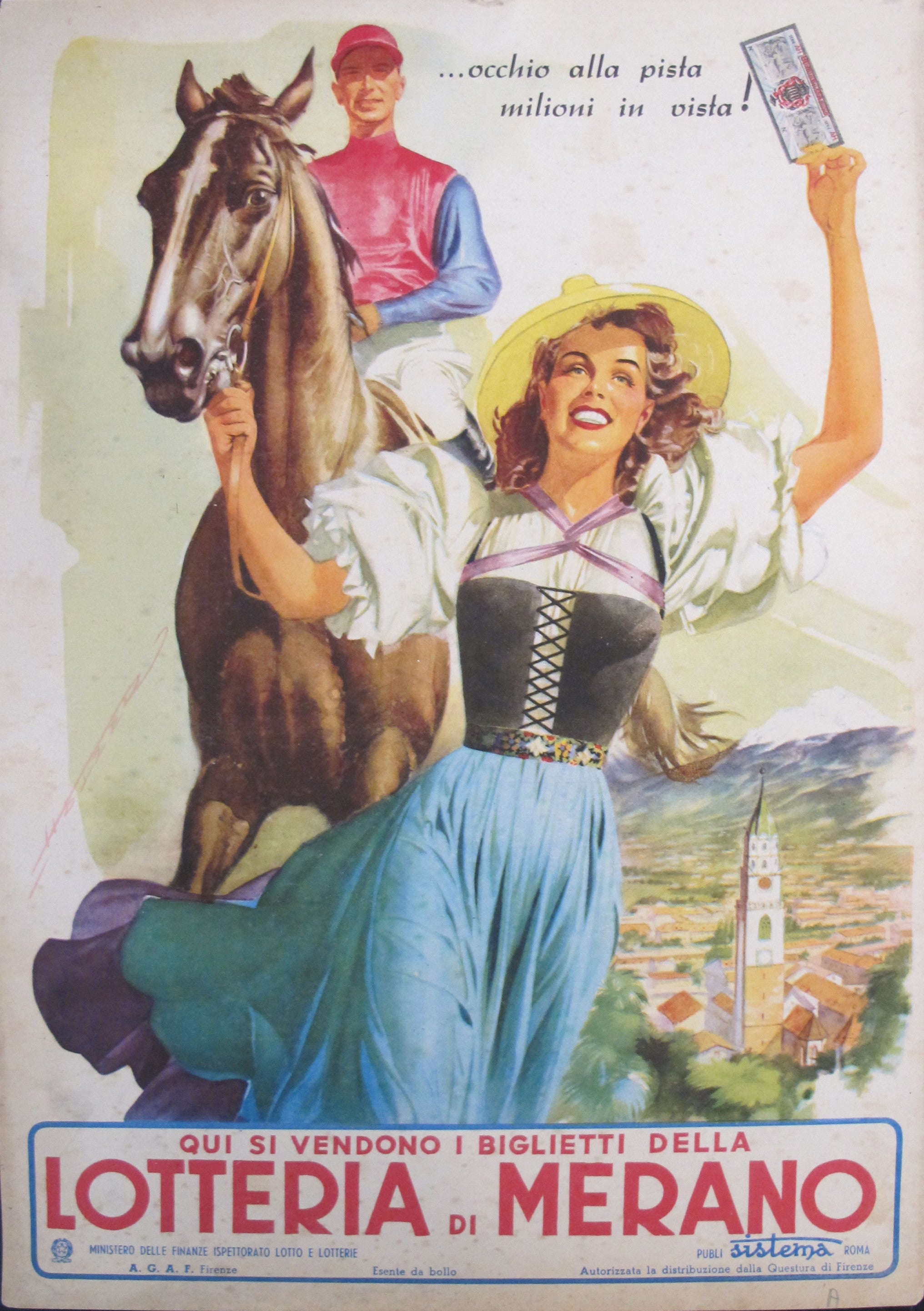 Vintage 1950s Italian Lottery Poster - Lotteria di Merano (Carton) - Retro Wall Art for Home & Office Decor