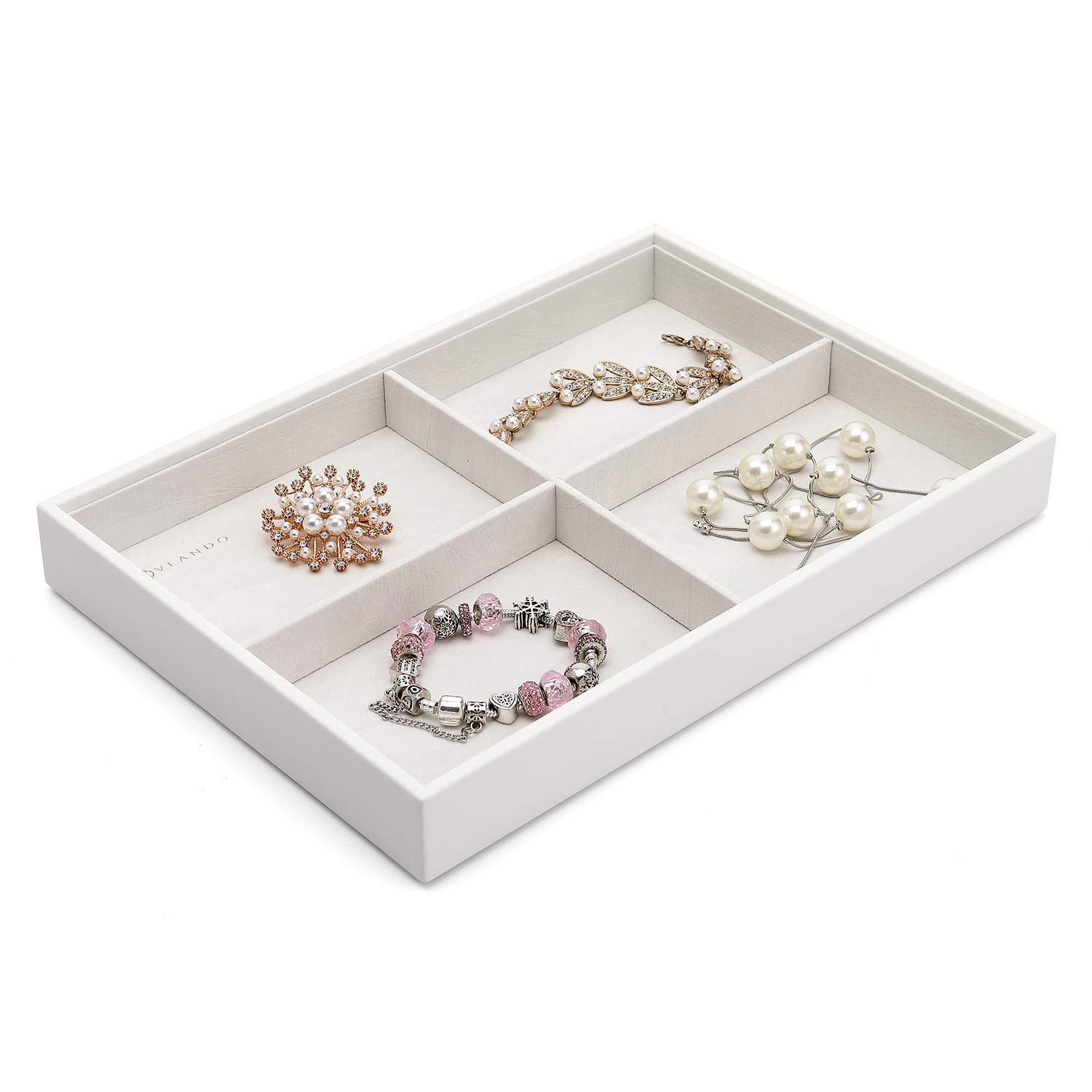 Vlando Jewelry Organizer Tray - 4-Layer Faux Leather Jewelry Storage Box with Lid for Earrings, Necklaces, Bracelets & Rings - Perfect for Desktop, Dresser or Drawer Organization - Elegant White Design