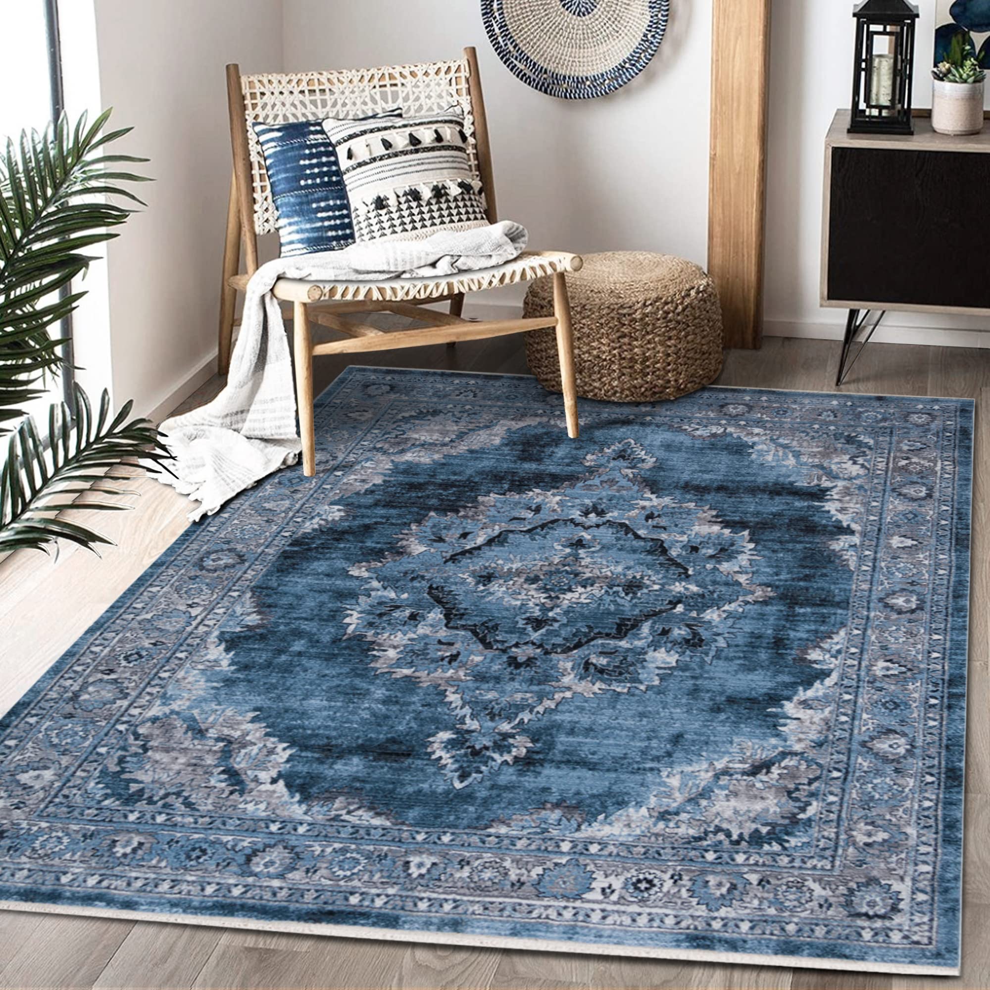 Vintage Bohemian Floral Oriental Distressed 5x7 Area Rug - Handmade Non-Slip Living Room Rug, Bedroom Carpet & Dining Room Floor Mat - Modern Home Decor for Boho Chic, Farmhouse and Eclectic Style Interiors (Perfect for Cozy Living Spaces, Bedroom Accents and Dining Area Makeovers)