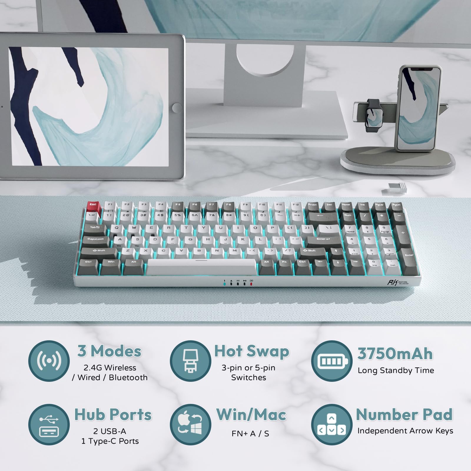 RK ROYAL KLUDGE RK100 Wireless Mechanical Keyboard - Bluetooth 5.1/2.4Ghz/USB-C Wired 100-Key Hot Swappable Gaming Keyboard with 3 USB Ports, Blue Switch for Mac & Windows (Classic Black) - Perfect for Office Work, Gaming & Programming