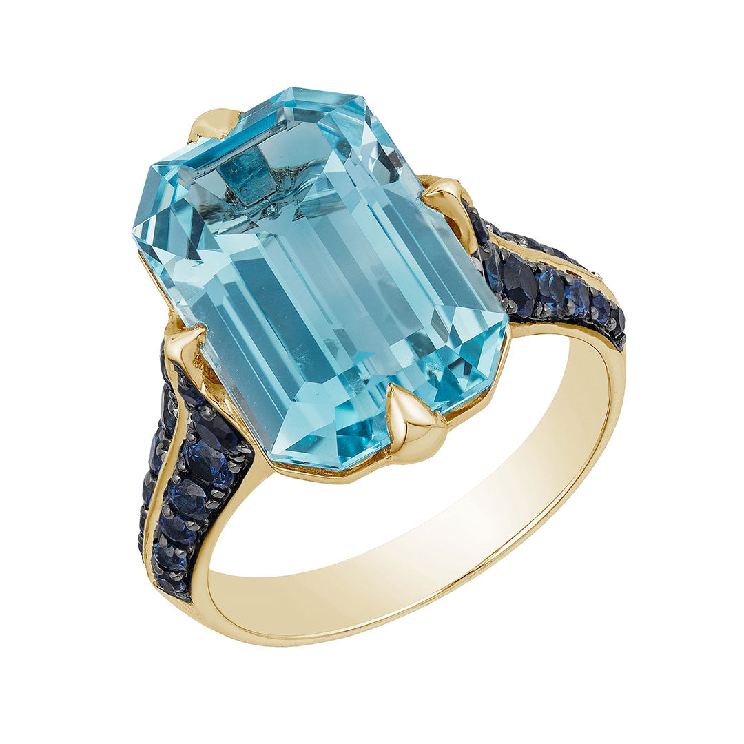 Goshwara 18K Gold Emerald Cut Blue Topaz & Sapphire Ring for Women - Elegant Jewelry Gift for Engagement, Anniversary & Special Occasions
