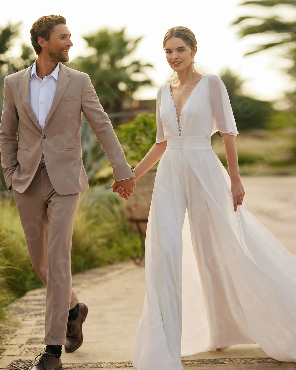 Elegant White V-Neck Two-Piece Wedding Dress with Half Sleeves - Boho Chic Jumpsuit for Beach, Garden & Outdoor Ceremonies