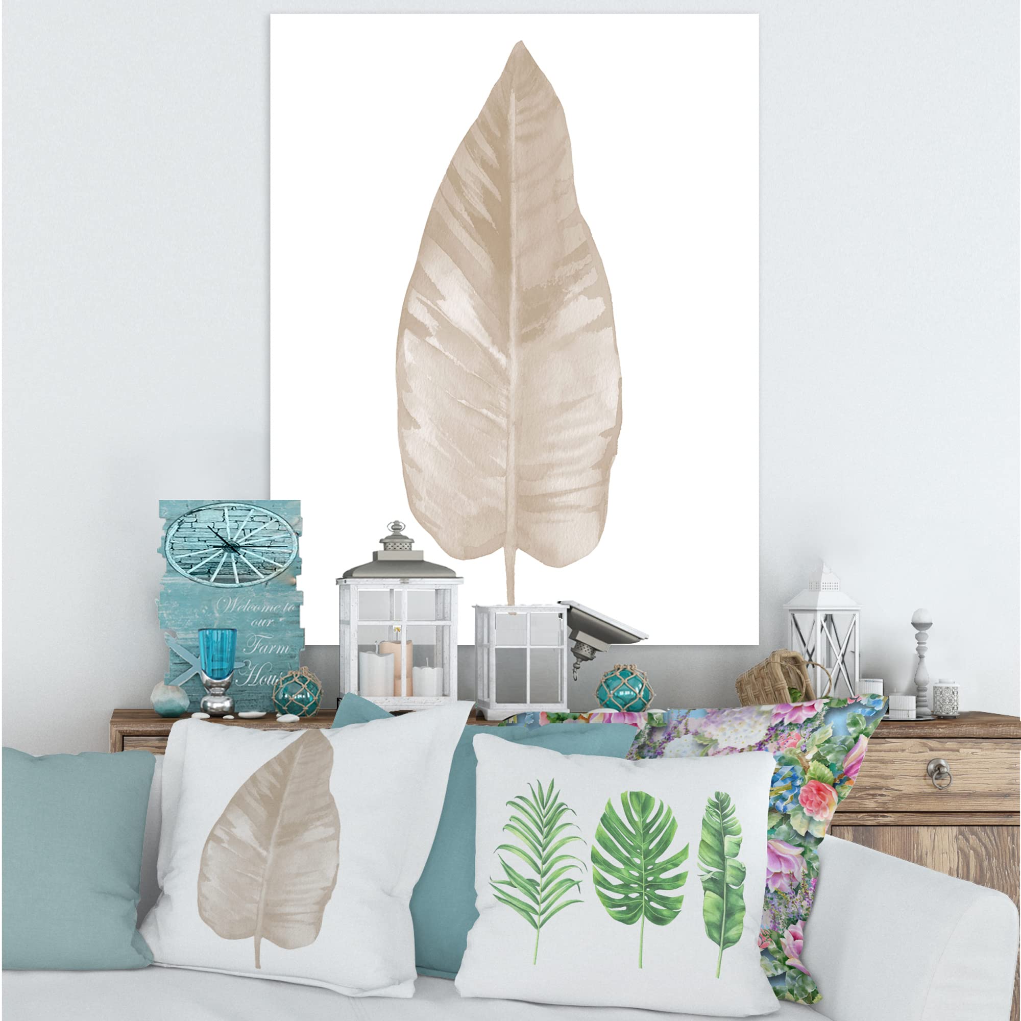 DesignQ Beige Dried Leaf Plant Traditional Canvas Wall Art - Handmade Home Decor for Living Room, Bedroom & Office