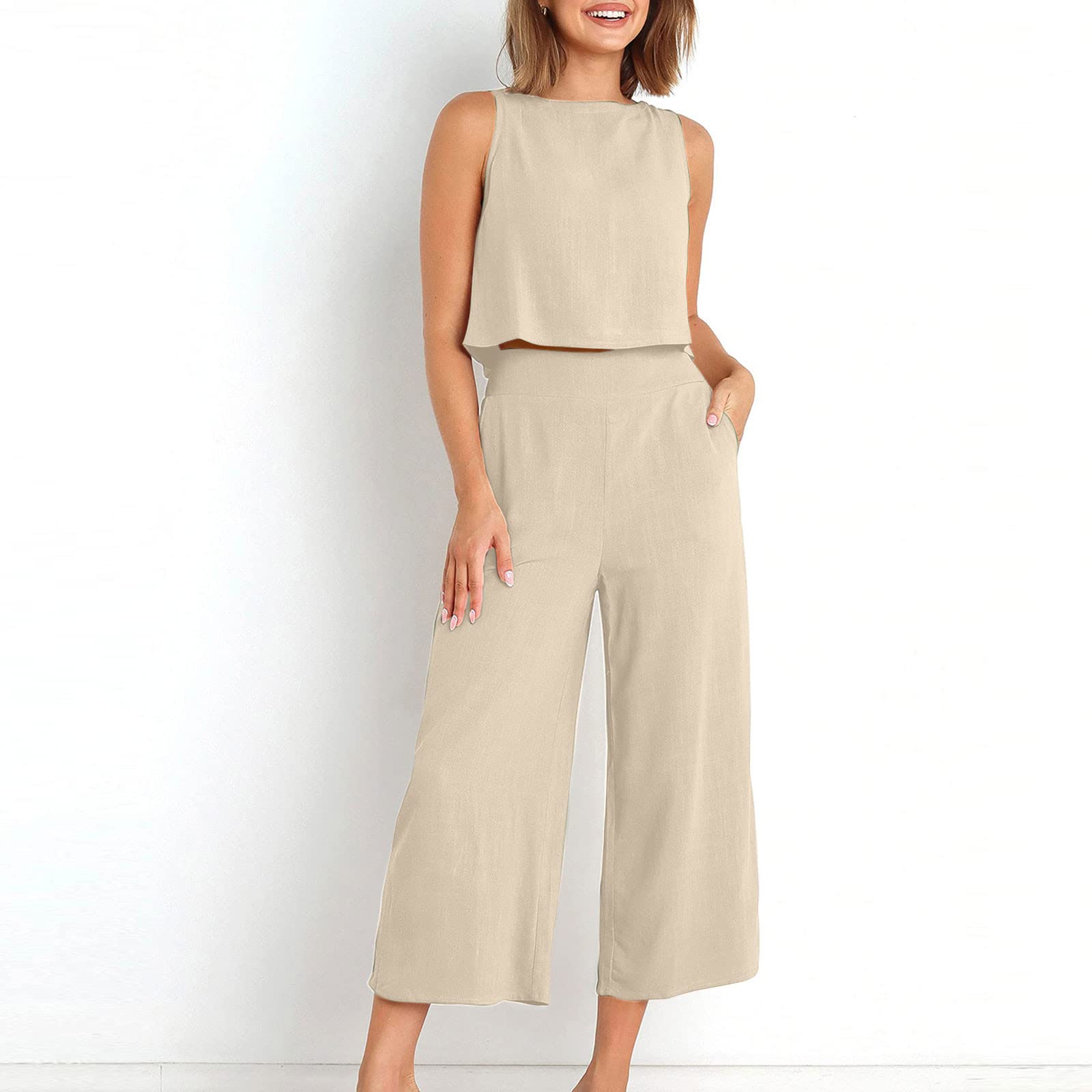 Women's 2-Piece Summer Outfit - Linen Crop Top & High Waist Wide Leg Capri Pants Lounge Set | Casual Beachwear, Vacation Outfits, Boho Chic Matching Sets for Women