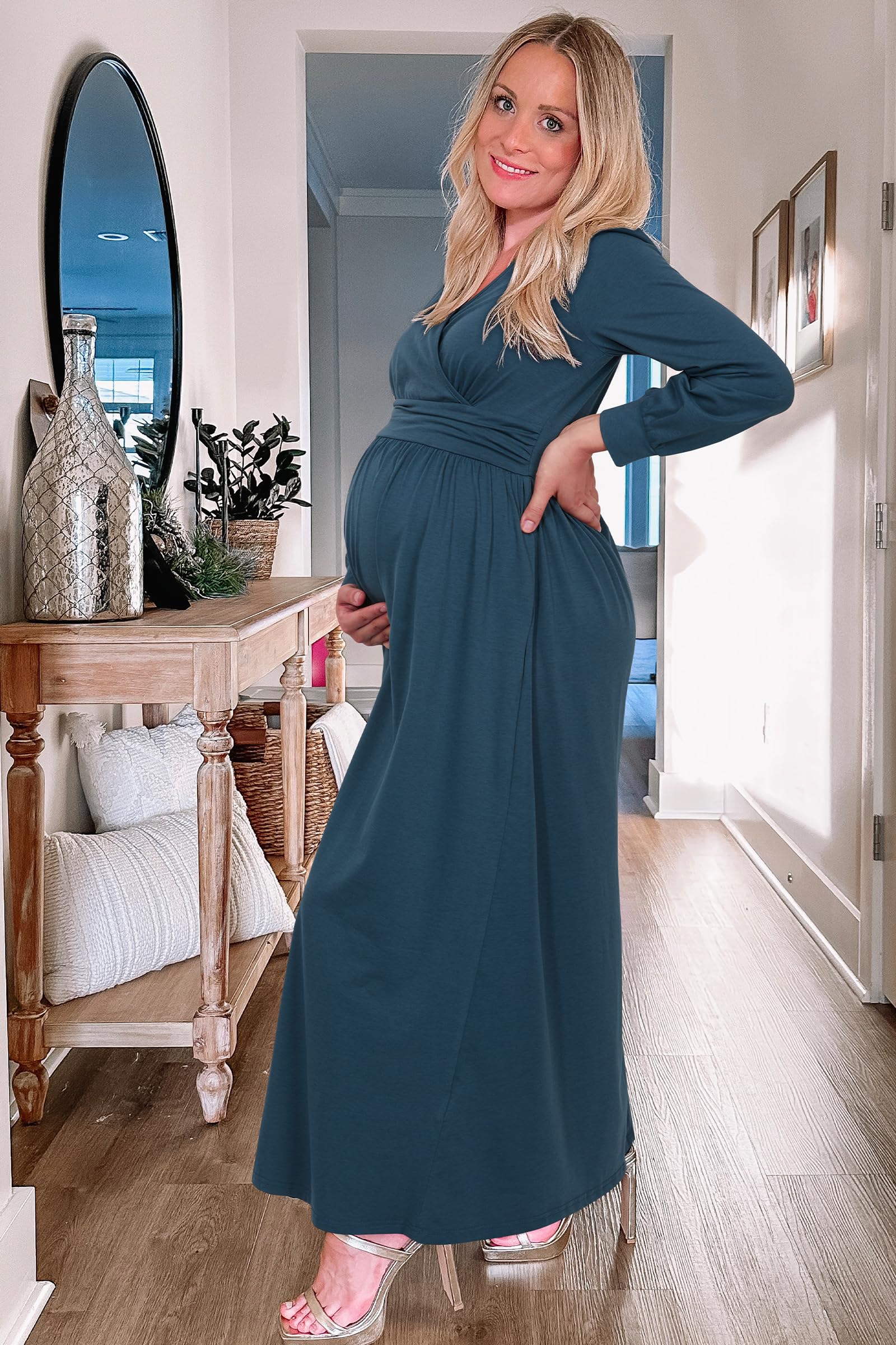 OUGES Maternity Maxi Dress - Long Sleeve Wrap V-Neck Pregnancy Gown for Baby Shower, Photoshoot & Fall Season | Comfortable Maternity Clothes for Pregnancy & Special Occasions