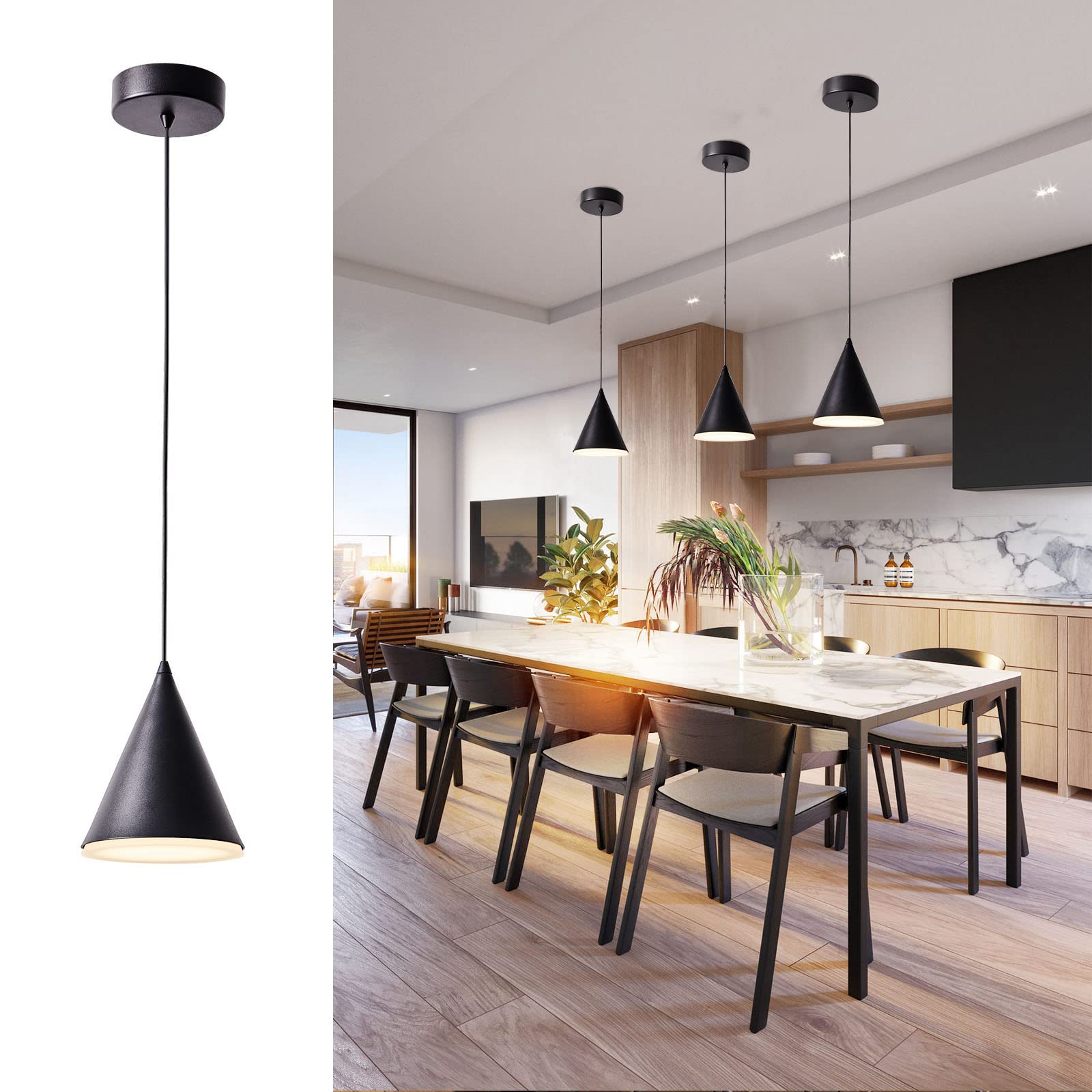 Dimmable LED Pendant Light for Kitchen Island, Mini Bar & Dining Room - 9W Warm Light Black Cone Hanging Fixture - Perfect for Bedside, Countertop & Modern Home Decor