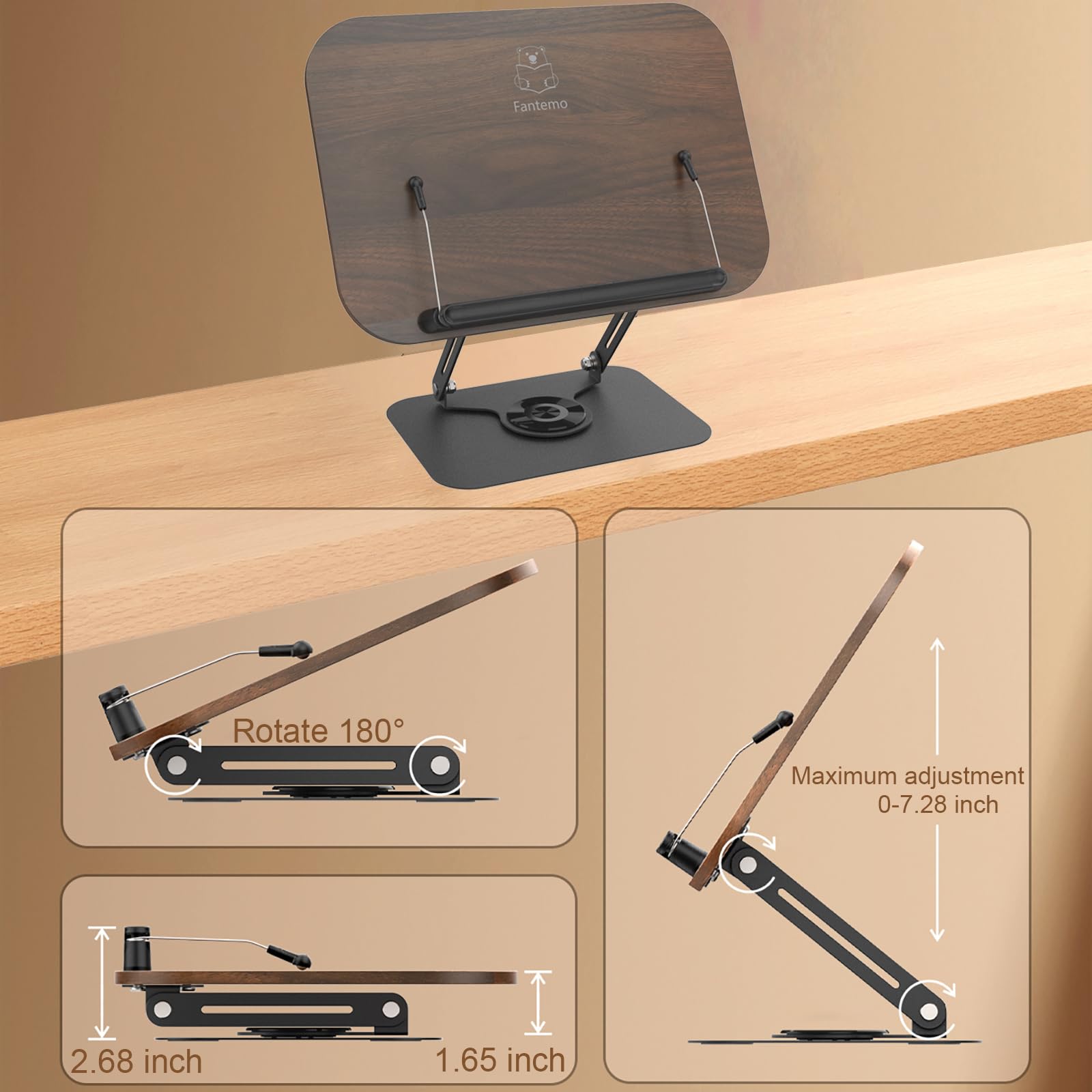 Adjustable 360° Rotating Book Stand with Foldable Design & Page Clips - Perfect for Cookbooks, Sheet Music, Tablets & Reading (Brown) | Ideal for Kitchen Cooking, Music Practice & Hands-Free Reading