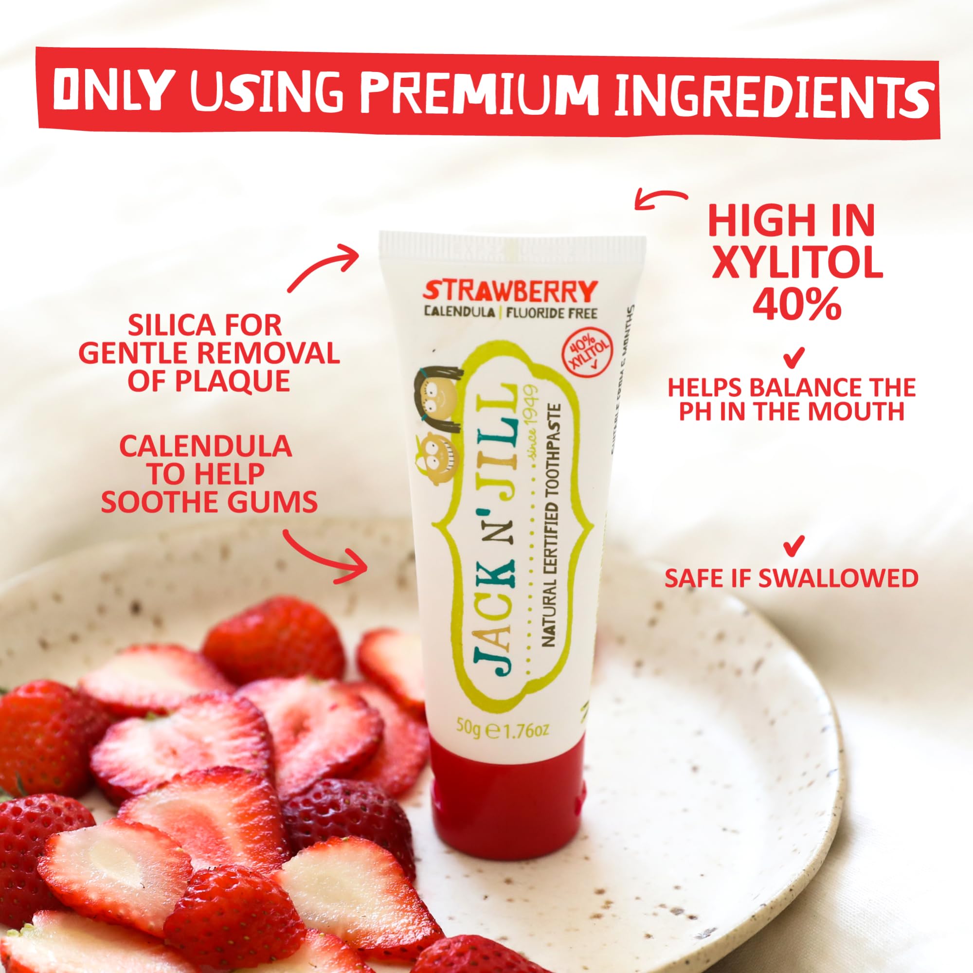 Jack N' Jill Natural Kids Toothpaste - Strawberry Flavor, 1.76oz (Pack of 2) | Fluoride-Free, Organic & Safe for Babies & Toddlers | Perfect for Daily Brushing & Travel