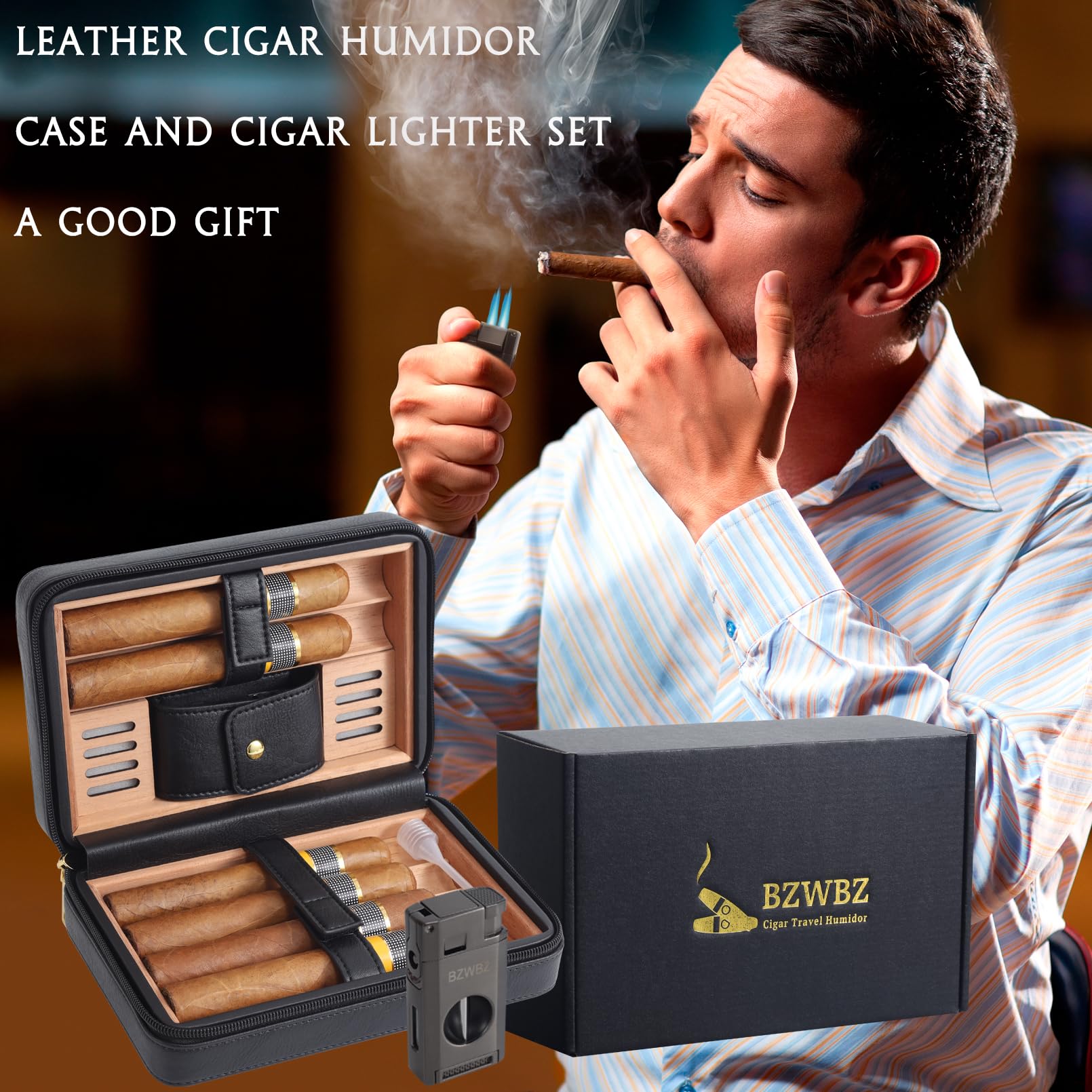 Premium Travel Cigar Humidor Set with Natural Cedar Wood Lining - Includes V-Cut Cutter, Punch Tool & Flameless Lighter - Holds 6 Cigars - Perfect for Outdoor Adventures, Business Trips & Gifts for Cigar Enthusiasts