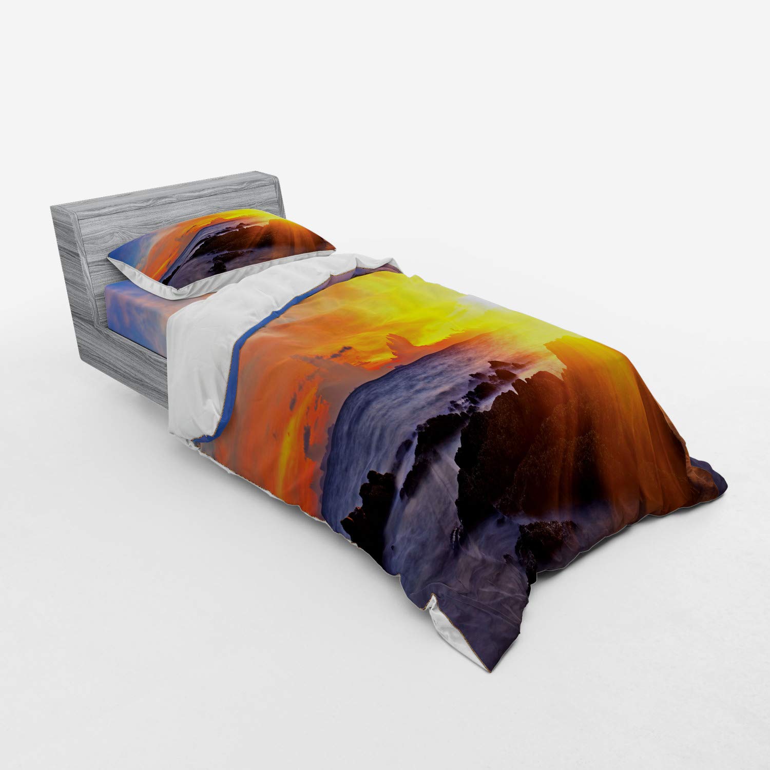 Ambesonne Tropical Beach Duvet Cover Set - Vibrant Sunset Ocean View 3-Piece Bedding (Twin Size, Orange & Blue) with Sham & Fitted Sheet - Perfect for Coastal Decor, Beach House Bedrooms & Vacation Home Styling