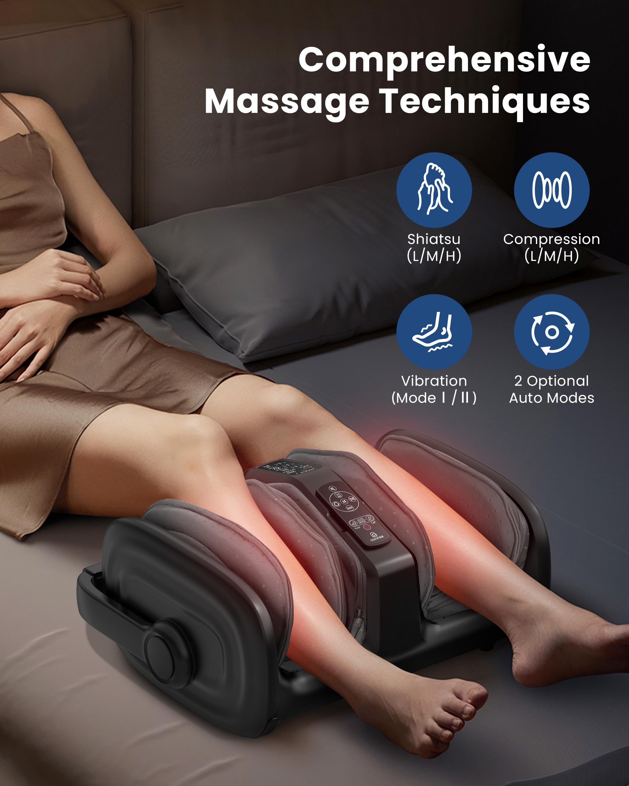 COMFIER Shiatsu Foot Massager with Heat - FSA HSA Eligible Calf & Foot Massager for Plantar Fasciitis Relief - Kneading, Vibration & Compression Therapy with Remote Control - Fits Up to Size 14 - Perfect Gift for Men & Women - Ideal for Home Relaxation, Office Stress Relief & Post-Workout Recovery