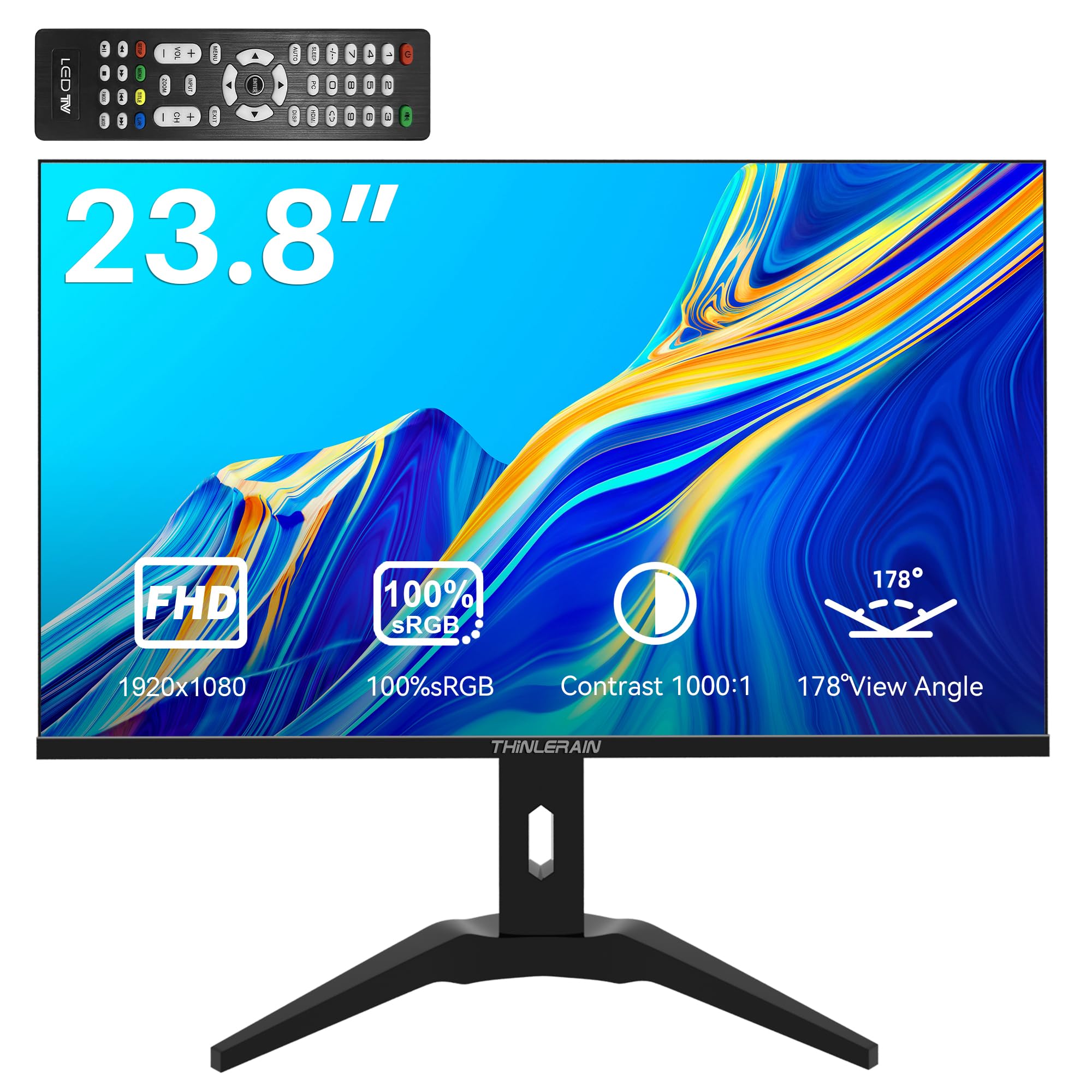 23.8 Inch Frameless Computer Monitor 1920x1080 Full HD Vertical Display with HDMI VGA AV BNC USB Ports, Multi-Function Stand, VESA Mount, Built-in Speakers for Office, Home, Gaming, and Design