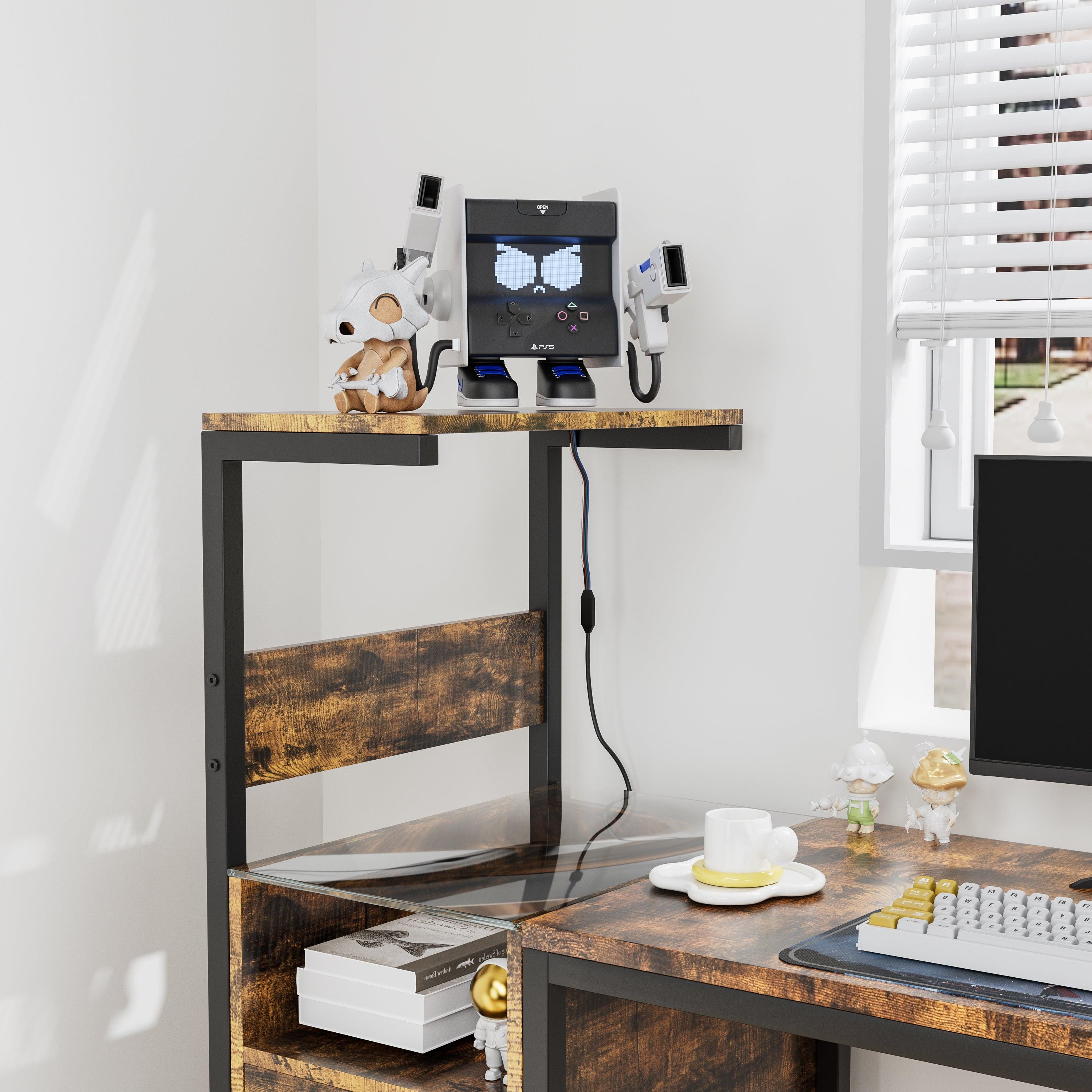Ergonomic Computer Desk with Built-in Power Outlet & USB Charging Station | Home Office Desk with Storage Shelves | Study Writing Workstation for Small Spaces (Brown) - Perfect for Remote Work, Gaming Setup & Online Learning
