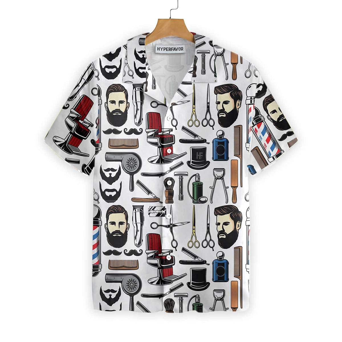 HYPERFAVOR Men's Barber Shirts - Short Sleeve Hawaiian Style Work Shirts with Barber Tools - Perfect for Salon Professionals & Casual Wear