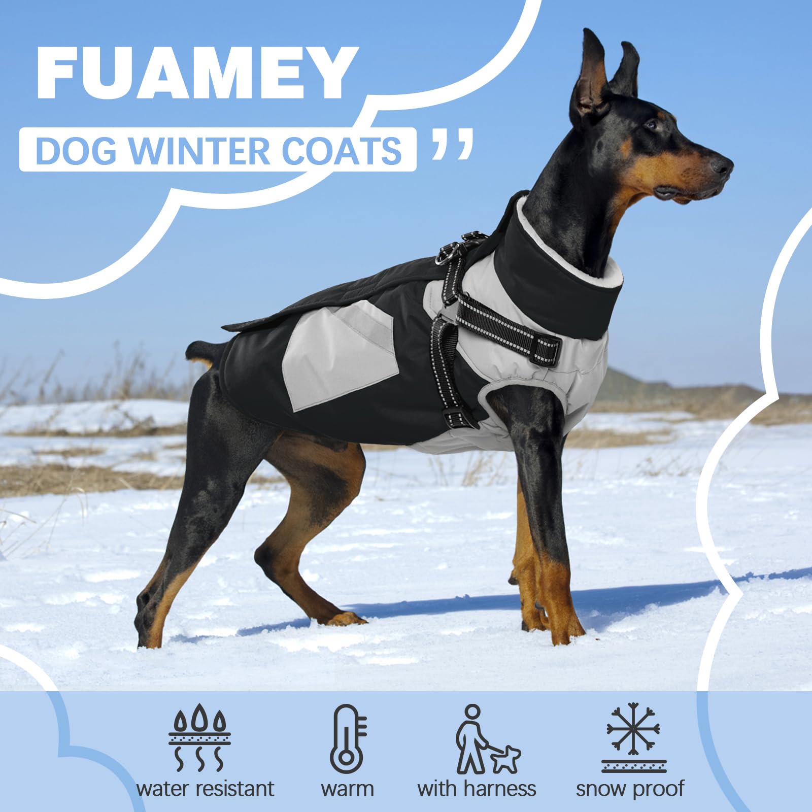 **FUAMEY Waterproof Reflective Dog Jacket with Built-in Harness & Zipper Back - Winter Snowsuit Coat for Medium Dogs, Black - Perfect for Outdoor Walks, Hiking & Cold Weather Protection**