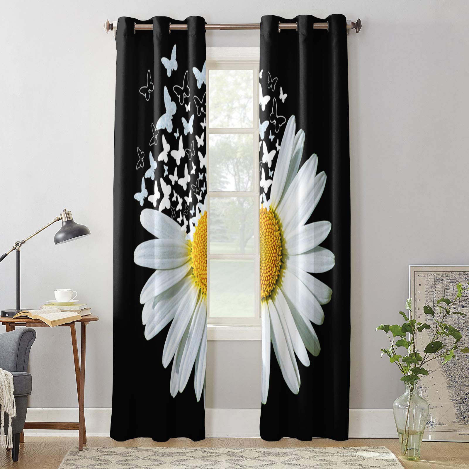 Sheer Curtains with White Daisy Floral and Butterfly Design on Black Background - 2 Panels, 39 Inch Length, Grommet Top for Easy Hanging - Perfect for Kitchen, Living Room, Bedroom, Patio, and Sliding Glass Door Window Treatments