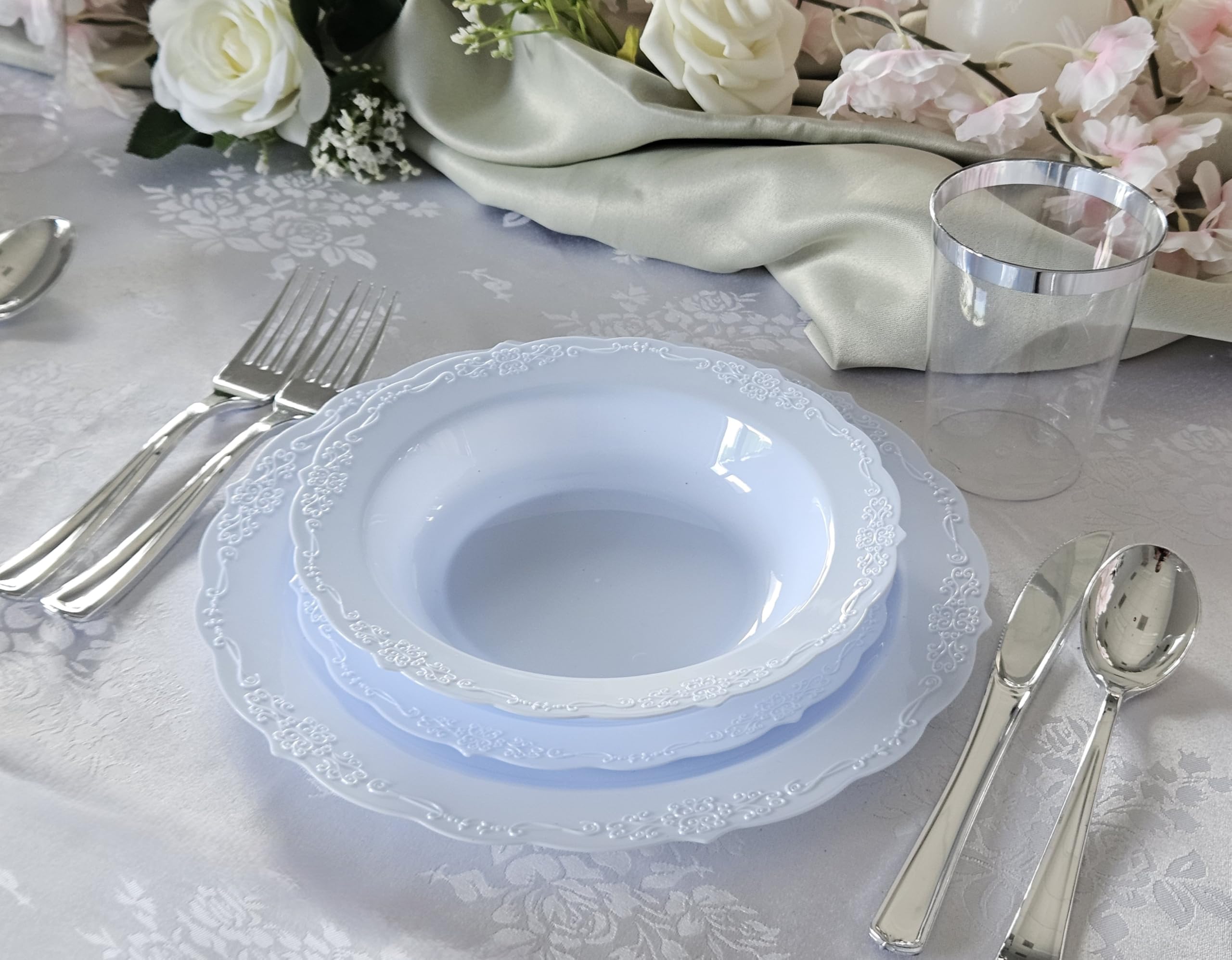 60-Piece Disposable Plates & Bowls Set - 12oz Soup Bowls for Weddings, Parties & Events (Plain Blue Verona Design) - Perfect for Catering, Picnics & Family Gatherings