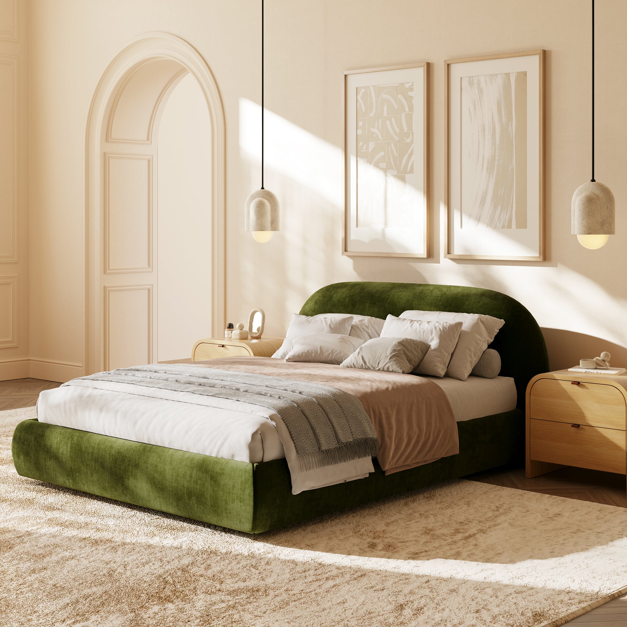 Genoa Queen Size Bed Frame - Modern Platform Bed with Upholstered Headboard, Sturdy Wooden Slats - Perfect for Master Bedroom, Guest Room, or Apartment