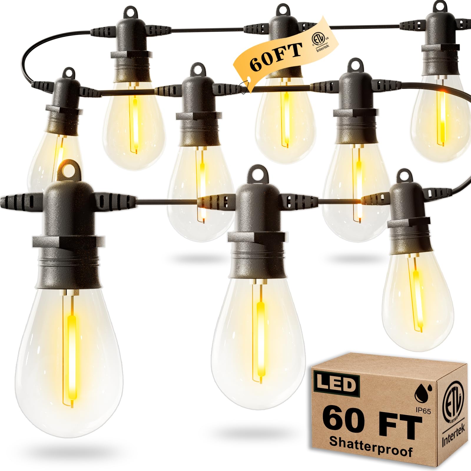 60FT LED Outdoor String Lights with 16+1 Shatterproof Edison Bulbs - IP65 Waterproof, 2700K Warm White Dimmable - Commercial Grade Patio Lights for Garden, Porch, Deck, Backyard, Wedding & Party Decor