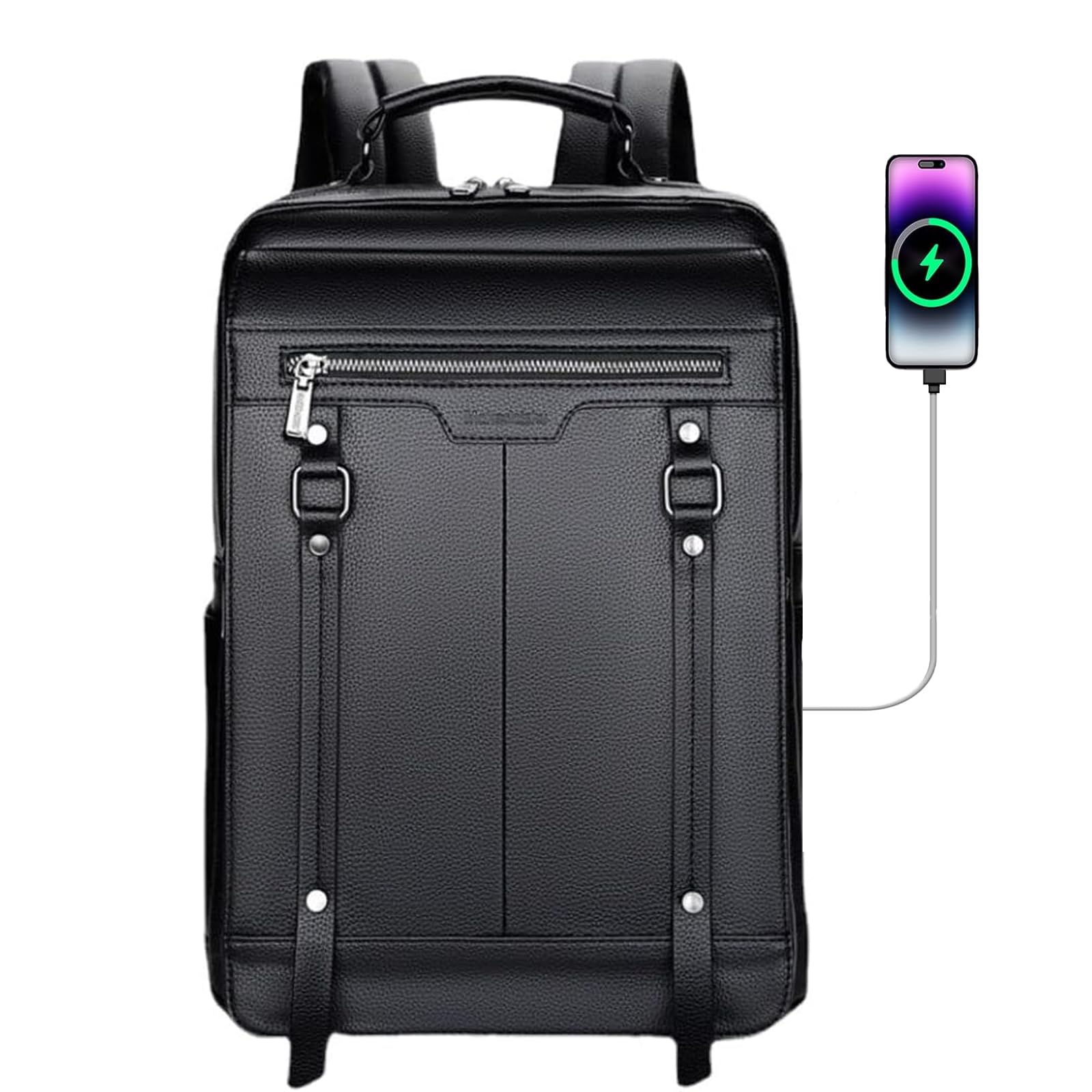 Premium Leather Laptop Backpack for Men - Business & Travel Smart Bag with USB Charging Port Fits 15.6 Inch Laptop - Water Resistant Office Backpack for Work, College & Commuting