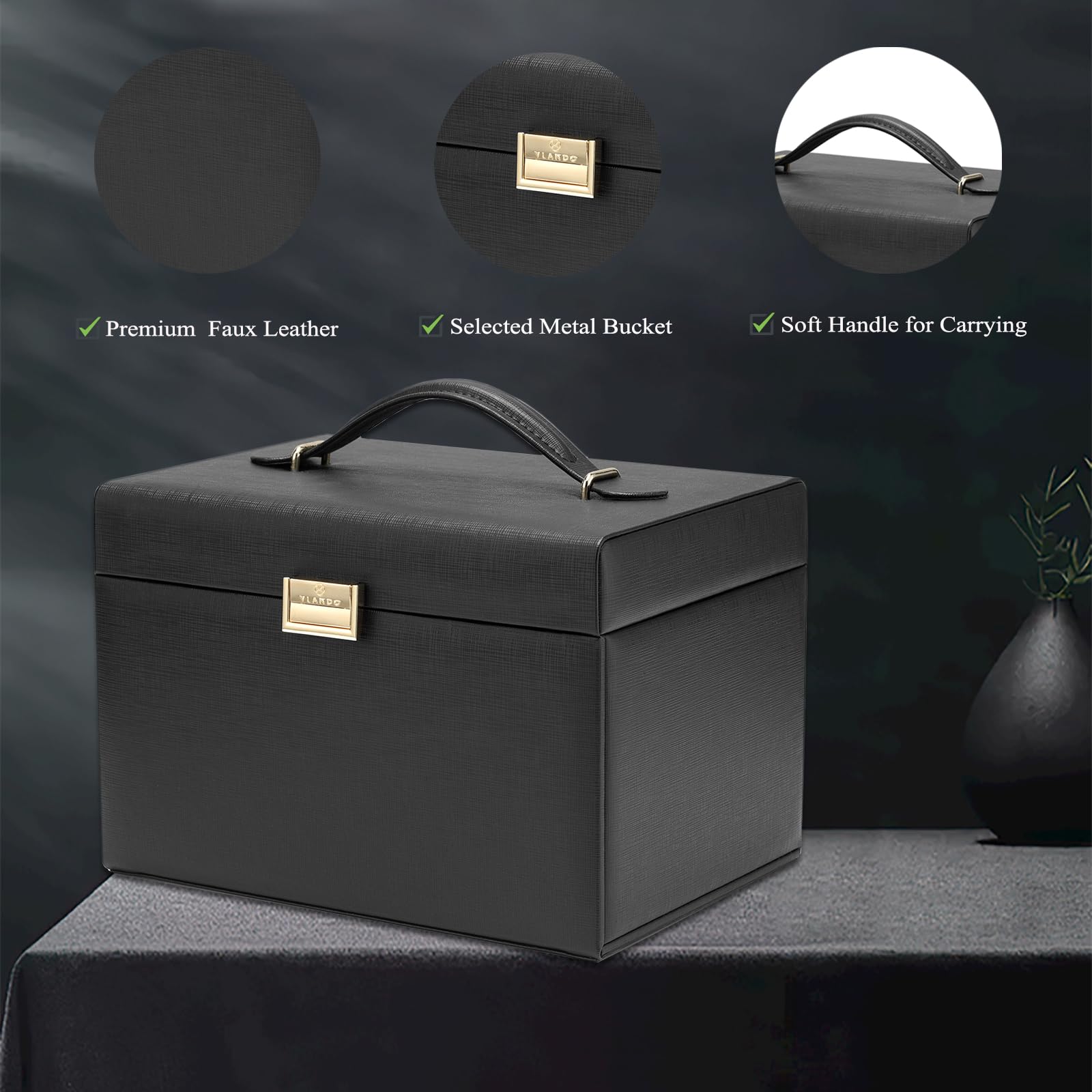 Vlando Leather Jewelry Box Organizer - Mirror Jewelry Storage Case for Necklaces, Earrings, Rings & Bracelets - Elegant Black Jewelry Holder for Dresser, Vanity & Travel