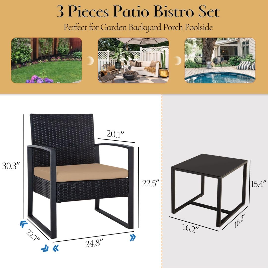 3-Piece Outdoor Patio Furniture Set - Black Wicker Bistro Set with 2 Chairs, 2 Cushions & Glass Coffee Table for Garden, Balcony, Backyard, Porch | Durable Weather-Resistant Wicker & Comfortable Brown Cushions | Perfect for Relaxing, Entertaining Guests or Enjoying Morning Coffee Outdoors