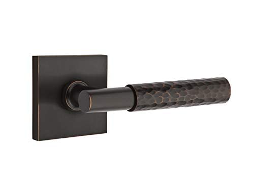 Emtek Select Passage Square Rosette with T-Bar Stem & Hammered Lever - Left Hand Oil Rubbed Bronze Door Handle for Vintage Home & Office Doors