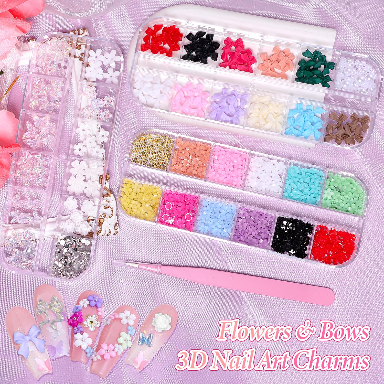 3D Color Flowers Nail Bows Charms - 3 Boxes White Rose Flower & Polar Butterfly Bowknt Bear Nail Art Charms for DIY Nail Art, Manicure, Acrylic Nails, Gel Polish, and Wedding Bridal Nail Jewelry Supplies