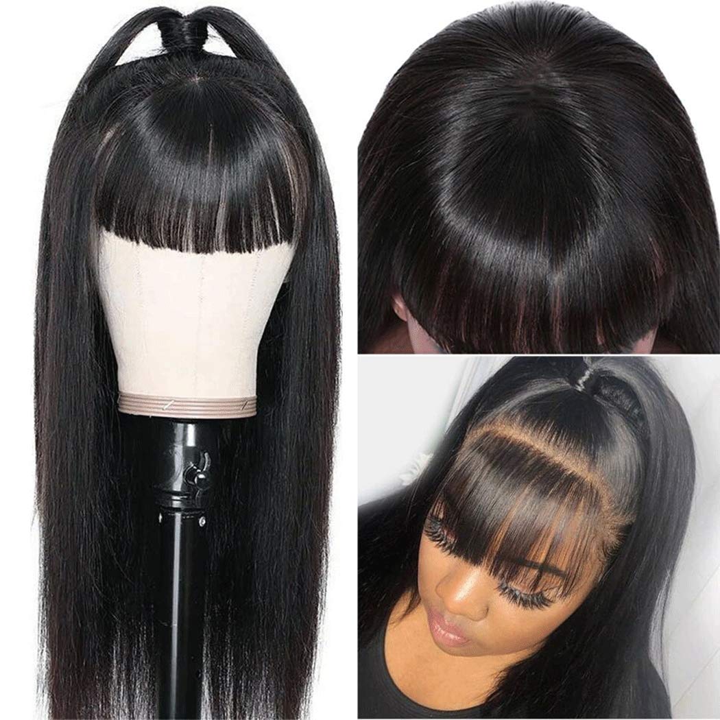 Peruvian Straight Human Hair Wigs with Bangs - 150% Density Machine Made Non-Lace Front Wig for Women (22 Inch, Natural Black) | Everyday Wear, Cosplay & Special Occasions