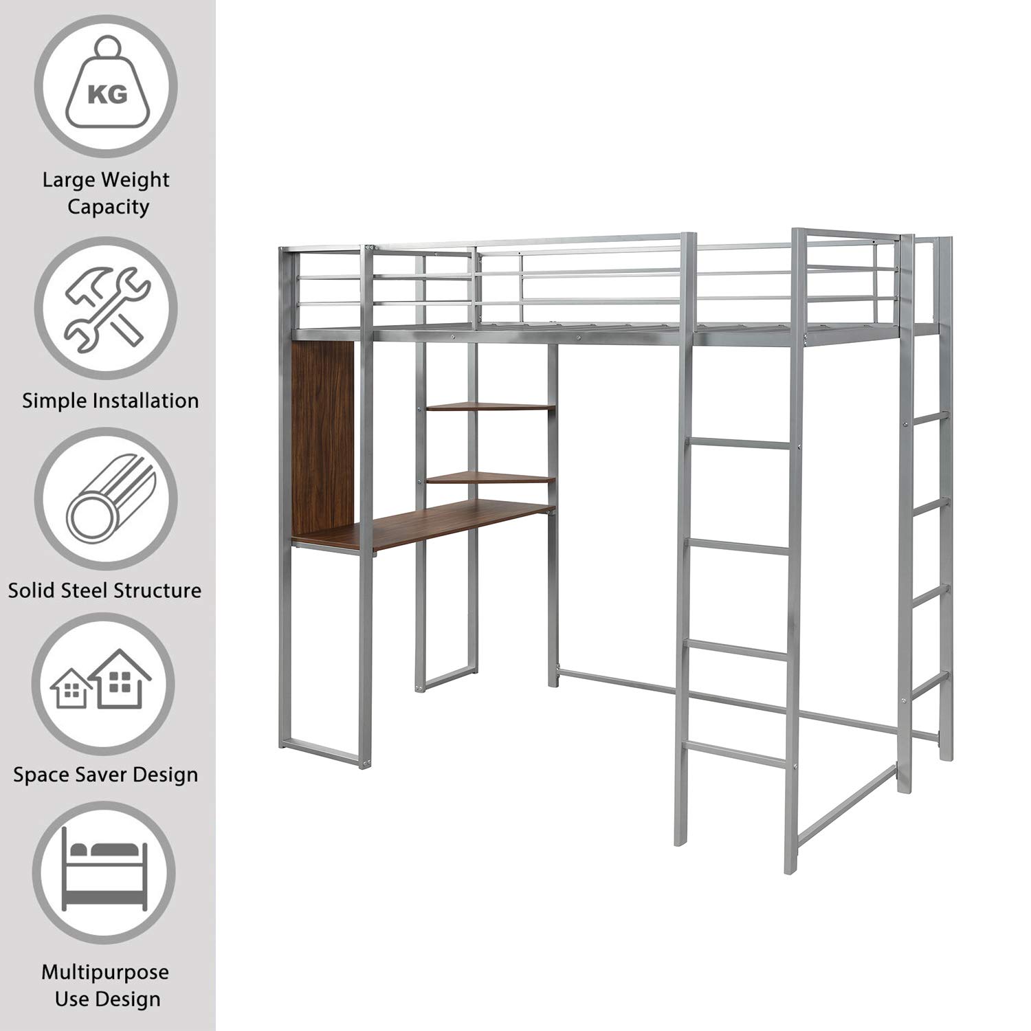 Twin Size Metal Loft Bed with Ladder & Built-in Desk - Sturdy Guardrail, Space Saving Design for Small Rooms - No Box Spring Required (Silver) | Perfect for Kids, Teens & College Dorm Rooms