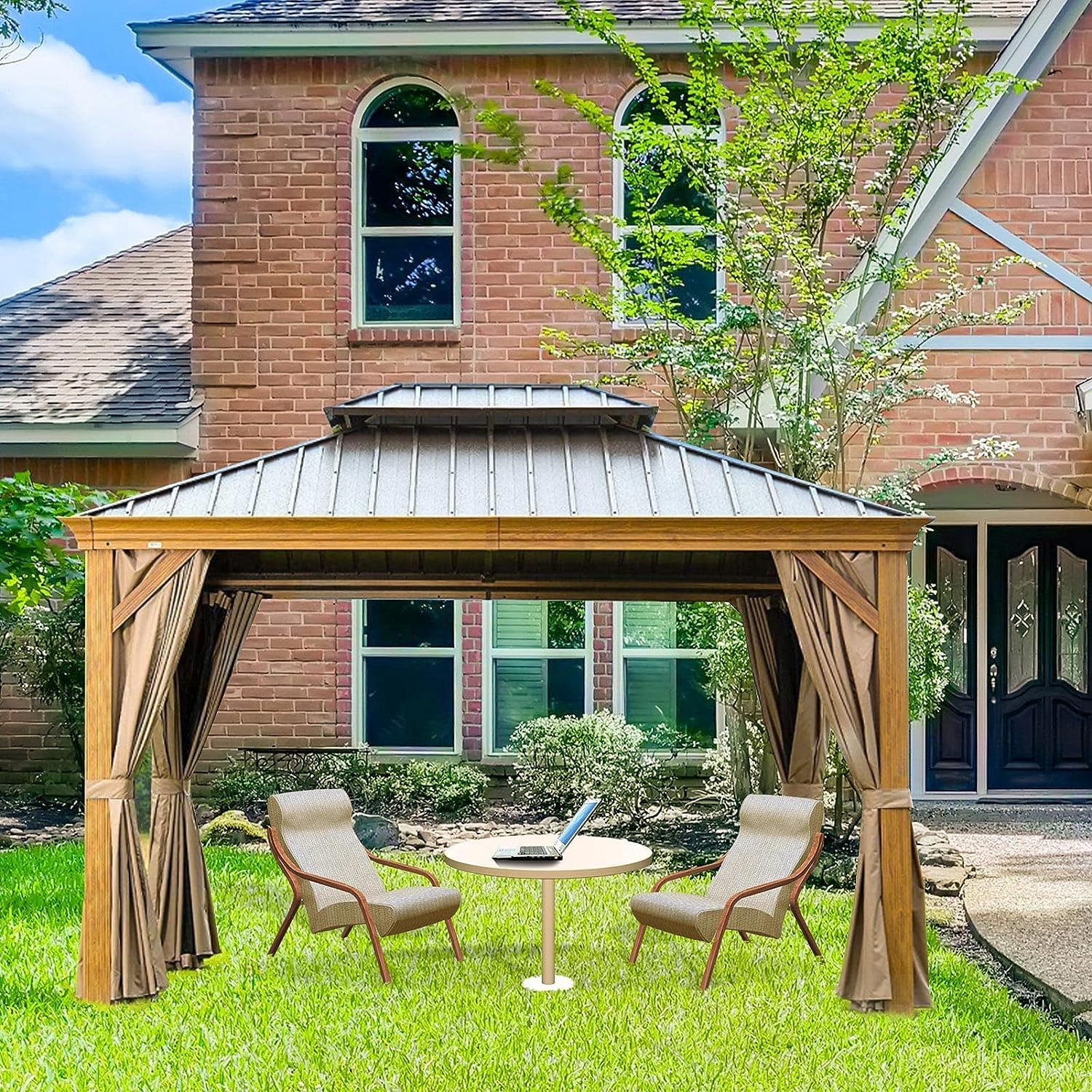 10'x12' Waterproof Gazebo Curtains - Khaki Universal Replacement Side Panels (4-Panel Set) with Zipper for Outdoor Patio, Garden & Backyard Use - Perfect for Sun Protection & Privacy
