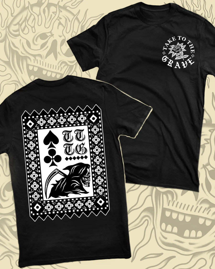 Take To The Grave Spade & Club Graphic T-Shirt - Black Cotton Tee for Men | Gothic Streetwear, Poker Night Outfit, Casual Everyday Wear