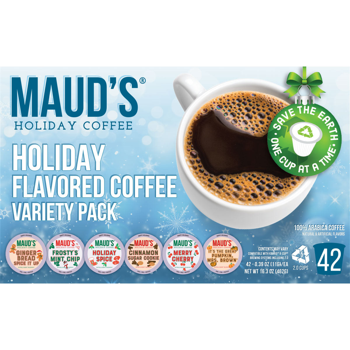 Maud's Holiday Variety Pack - 6 Winter Flavored Coffee Pods for Keurig | Perfect for Christmas Gifts, Office & Home Brewing