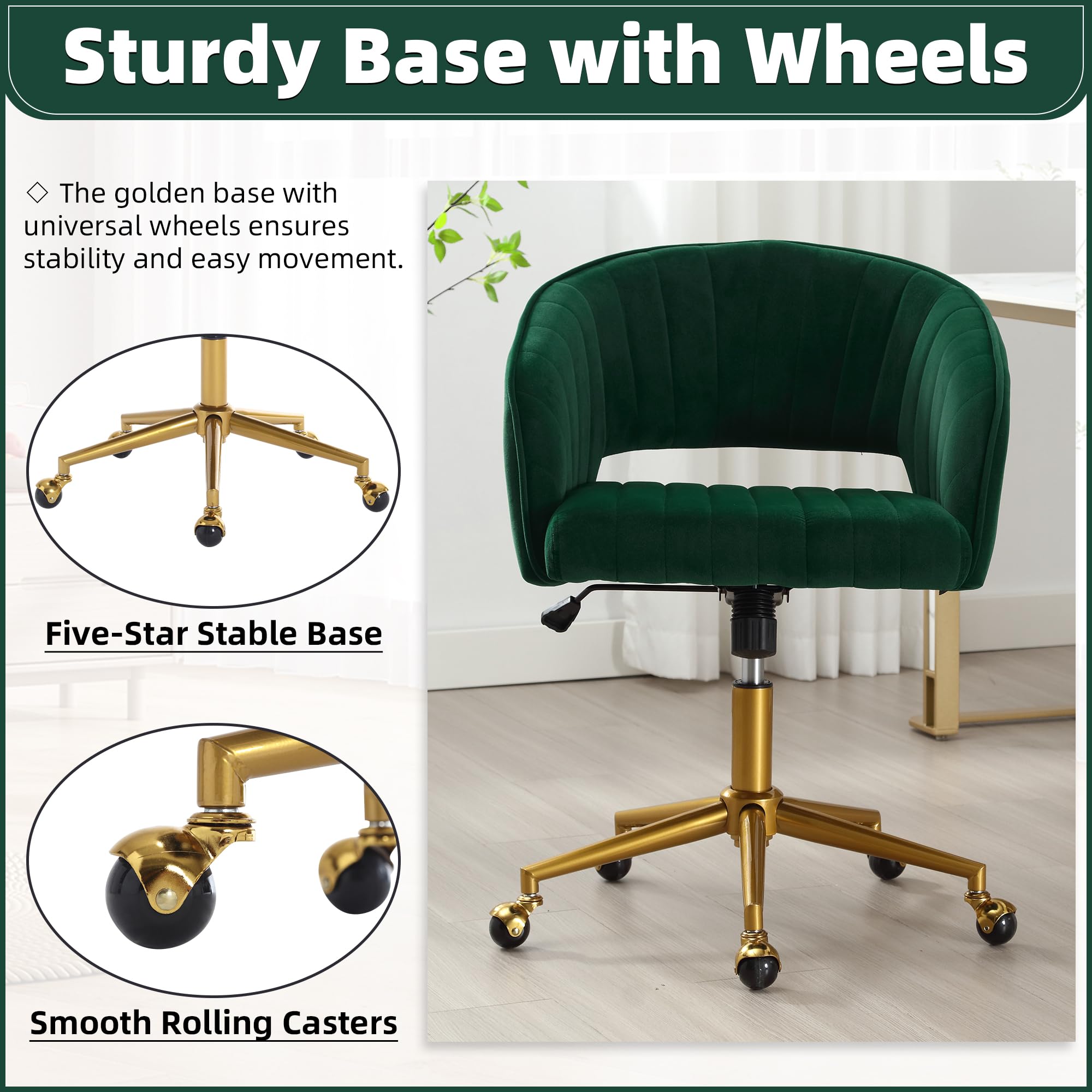 ABET Ergonomic Velvet Desk Chair with Wheels - Adjustable Swivel Office Chair with Gold Base for Home & Workspace - Modern Upholstered Armchair for Living Room, Bedroom & Vanity (Dark Green) - Perfect for Remote Work, Gaming & Study Sessions