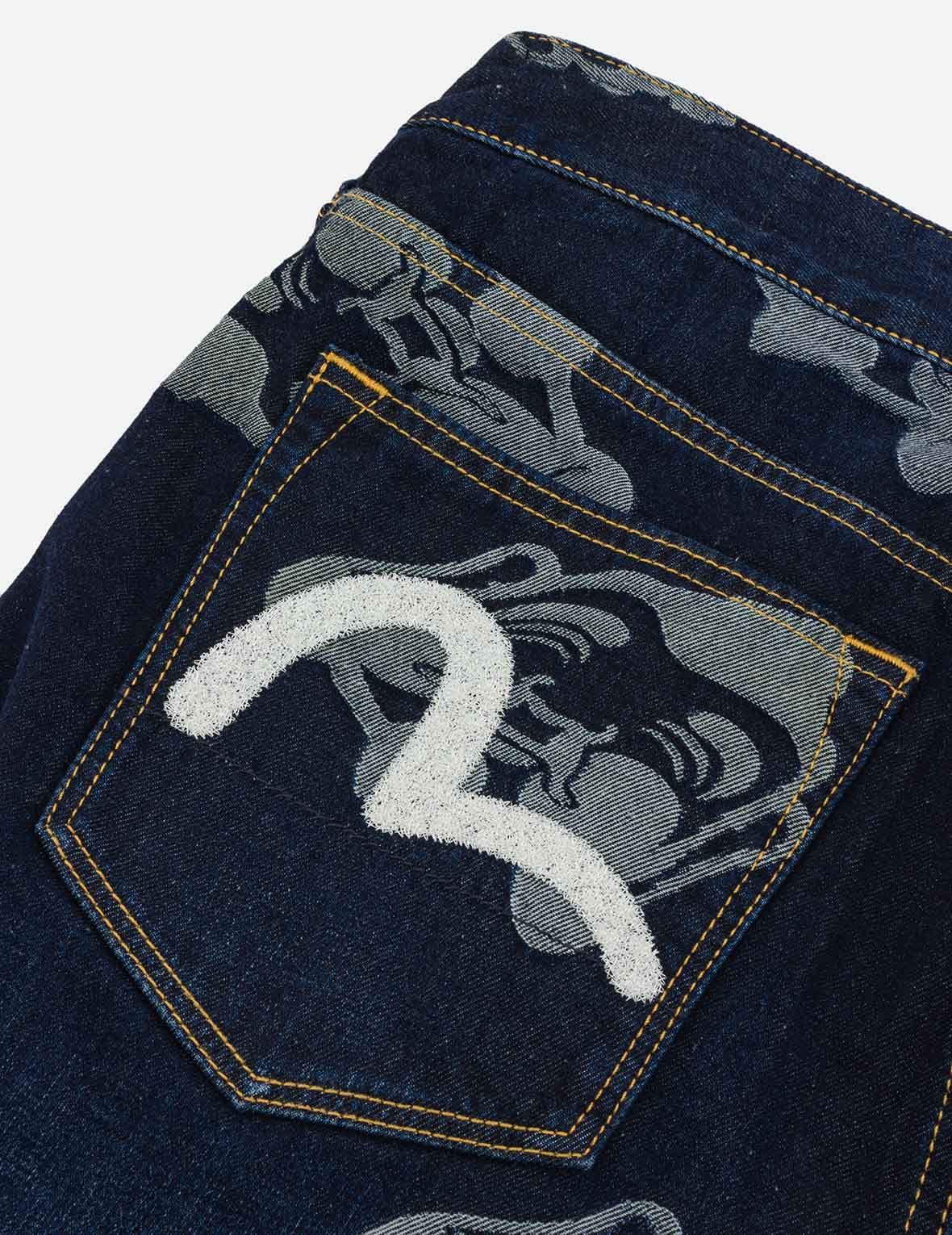 Seagull Embroidery & Godhead Jacquard Straight Fit Jeans for Men - Vintage Denim Pants with Unique Design for Casual Wear & Street Style