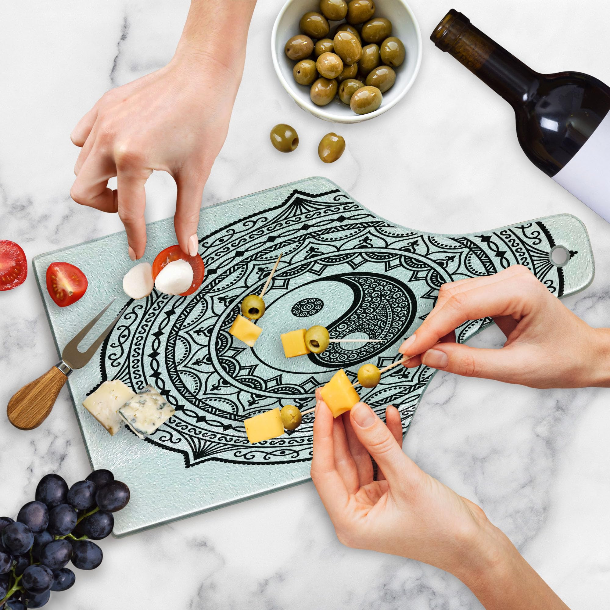Ambesonne Yin Yang Cutting Board - Circular Mandala Design with Paisley Motif & Karma Cosmos Symbol - Tempered Glass Serving Board for Kitchen & Entertaining - Wine Bottle Shape in Black & White - Perfect for Cheese Platters, Charcuterie & Wine Pairing