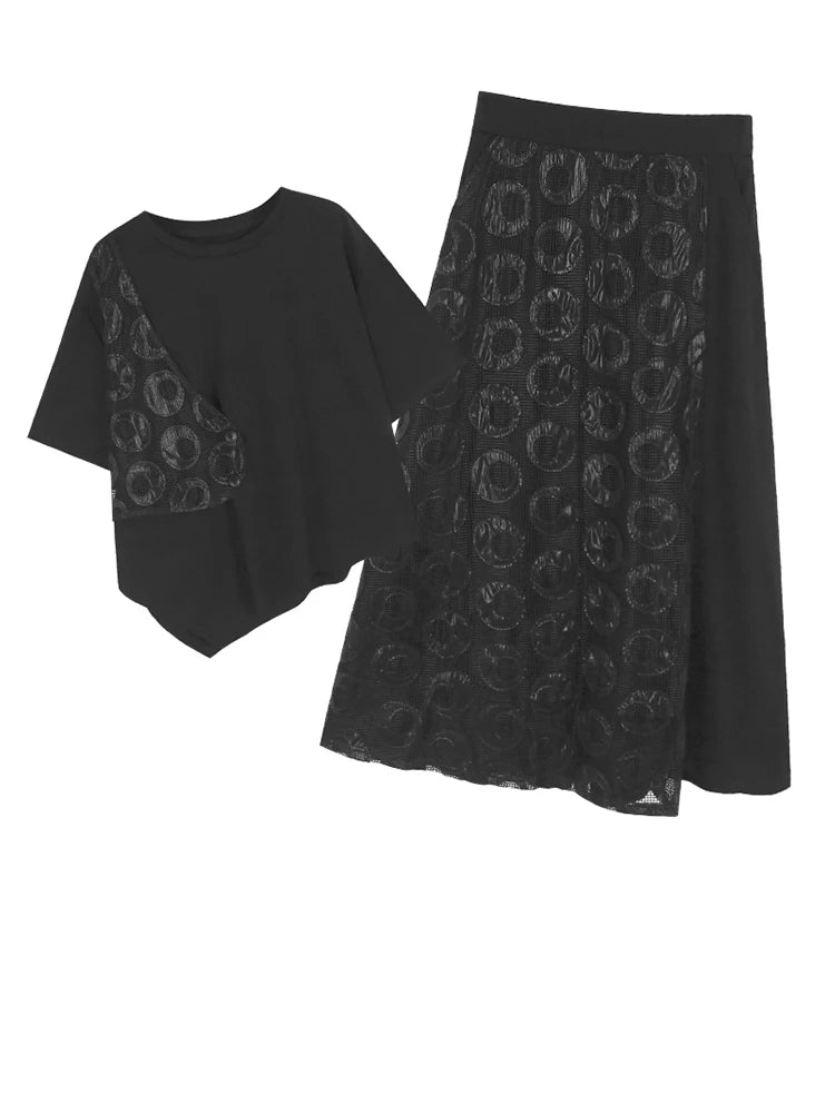 Black Dot Print T-Shirt & Hollow Out Skirt 2-Piece Set - Women's Round Neck Short Sleeve Outfit for Spring Summer 2025 | Casual Wear, Date Night, Office Chic