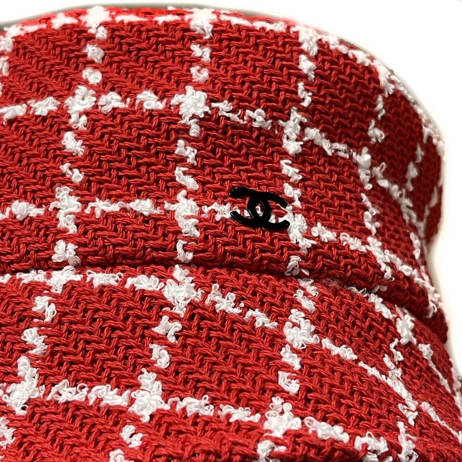 Chanel NWT 23C RUNWAY Red White Fantasy Tweed Medium Bucket Hat for Women - Fashionable Designer Accessory for Summer Outfits, Beach Vacations & Luxury Events