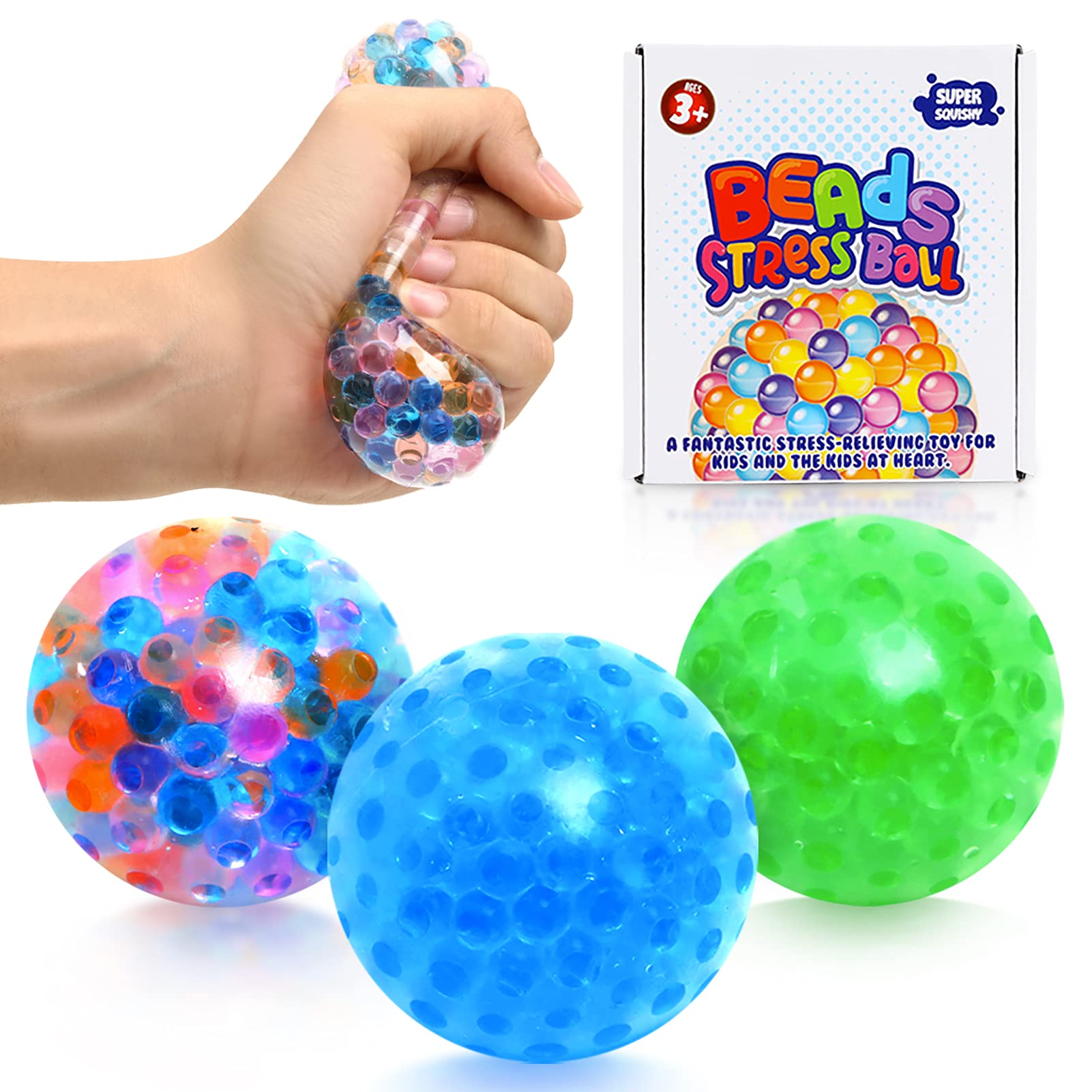 3 Pack Water Beads Stress Relief Squeeze Balls for Kids & Adults - Soft Sensory Fidget Toys for Anxiety Relief, Mood Venting & Focus Improvement | Perfect for Office, Classroom & Home Use (Beads Balls BGC)