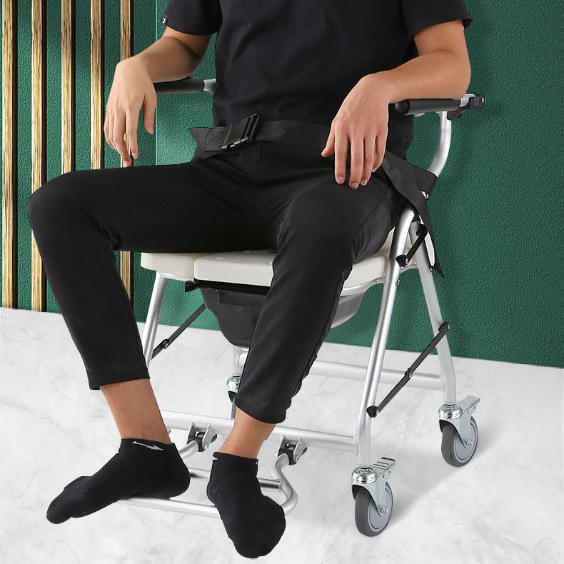 Joyfitness Foldable Rolling Shower and Toilet Chair for Seniors - Elderly Mobility Aid with Wheels for Bathroom Safety and Comfort - Ideal for Home Care and Assisted Living Facilities