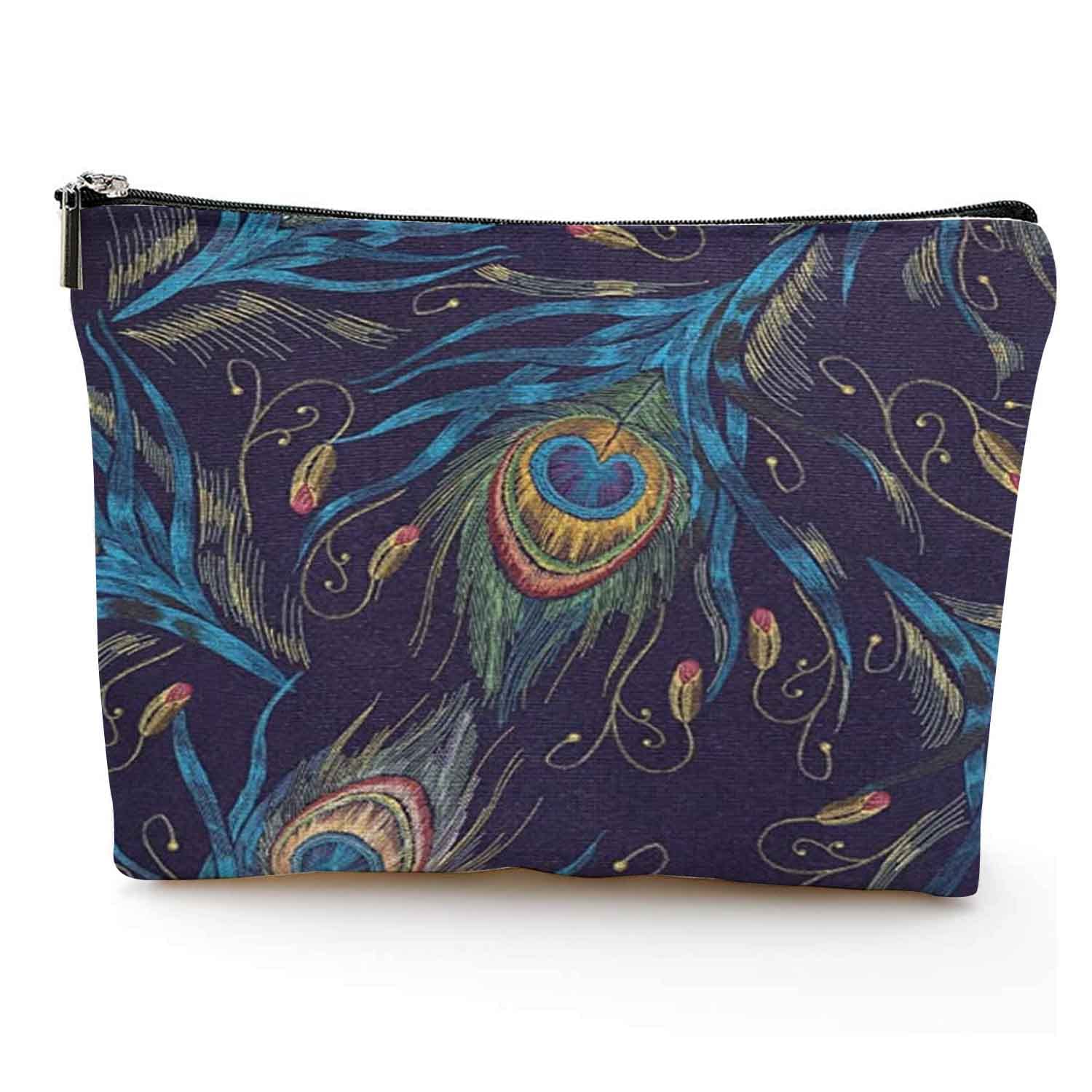 Elegant Peacock Feathers Makeup Bag for Women & Girls - 7x10in Travel Cosmetic Organizer with Zipper Pouch | Perfect for Travel, Gym & Daily Essentials Storage