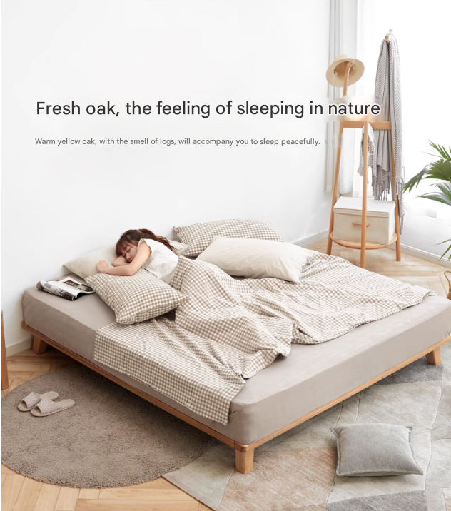 Solid Oak Wood Platform Bed Frame - No Headboard - Queen Size - Modern Minimalist Bedroom Furniture for Small Spaces & Apartments