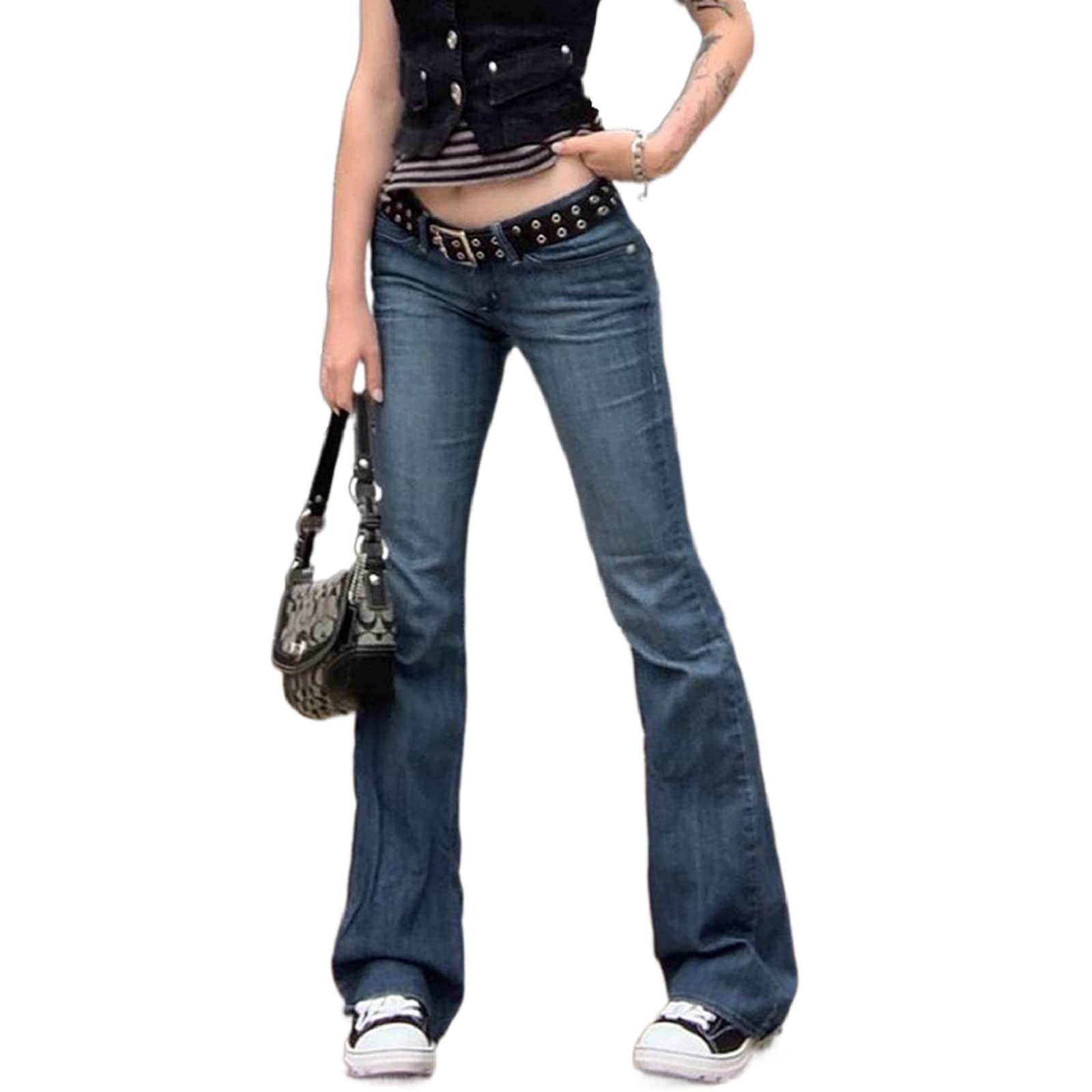 NUFIWI Women's Low Waist Cargo Pants - Gothic Baggy Jeans with Wide Leg Flare | Aesthetic Retro 2000s Y2K Fashion | Perfect for Streetwear, Casual Outfits & Festival Looks